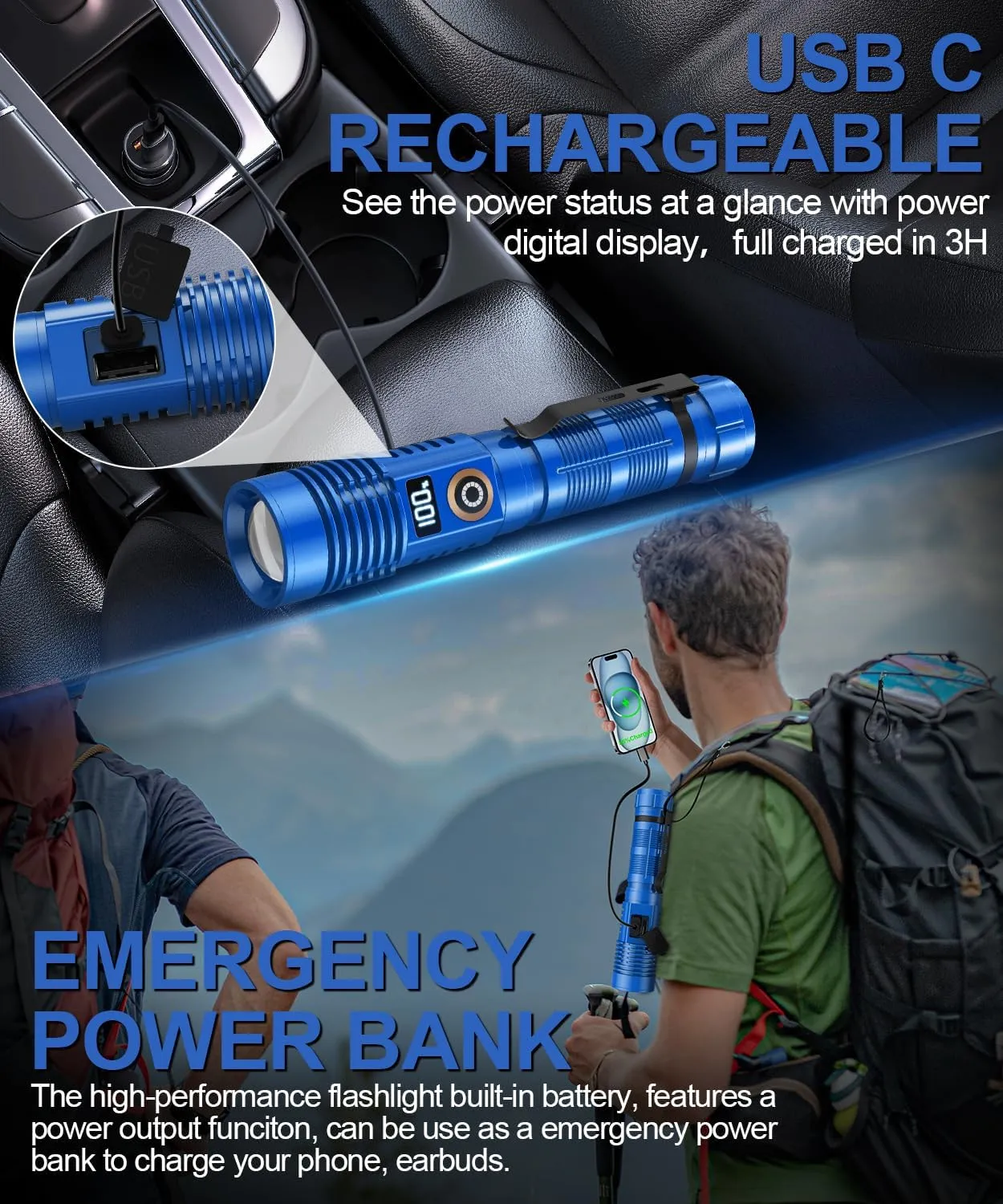 Rechargeable Flashlight High Lumens- Super Bright Magnetic Flash Light with Power Digital Display, Long Range,Dimmable,Waterproof,Pocket Tactical LED Flashlights for Emergency, Blue, 1PC