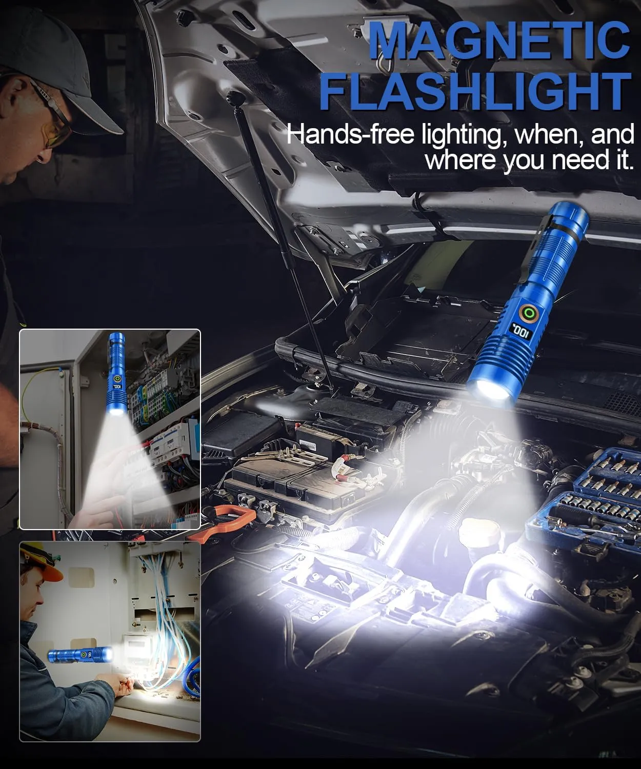 Rechargeable Flashlight High Lumens- Super Bright Magnetic Flash Light with Power Digital Display, Long Range,Dimmable,Waterproof,Pocket Tactical LED Flashlights for Emergency, Blue, 1PC