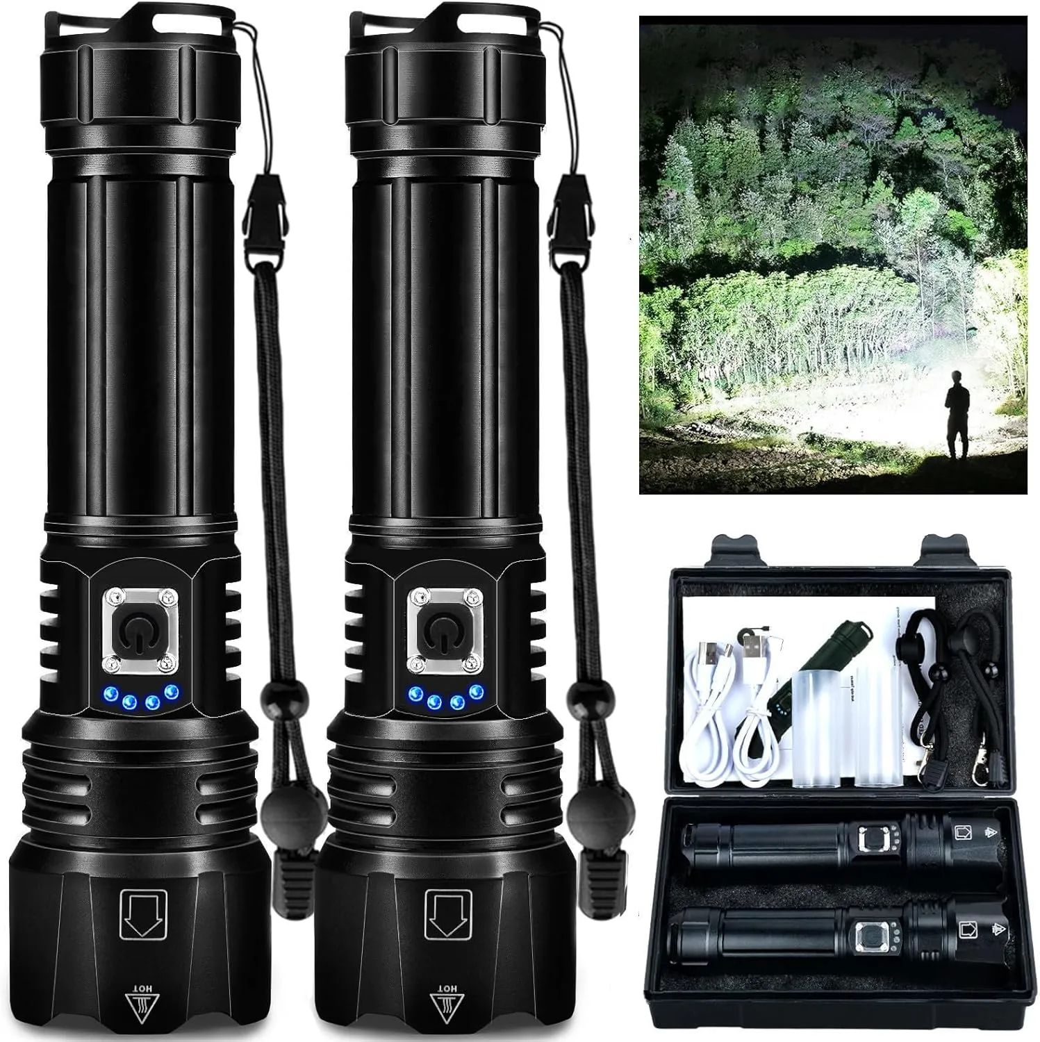 Rechargeable Flashlights High Lumens, 990,000 Lumen Super Bright Led Flashlight with USB Cable, 5 Modes Powerful Flashlight Waterproof Flash Light for Home Camping - 2 Pack