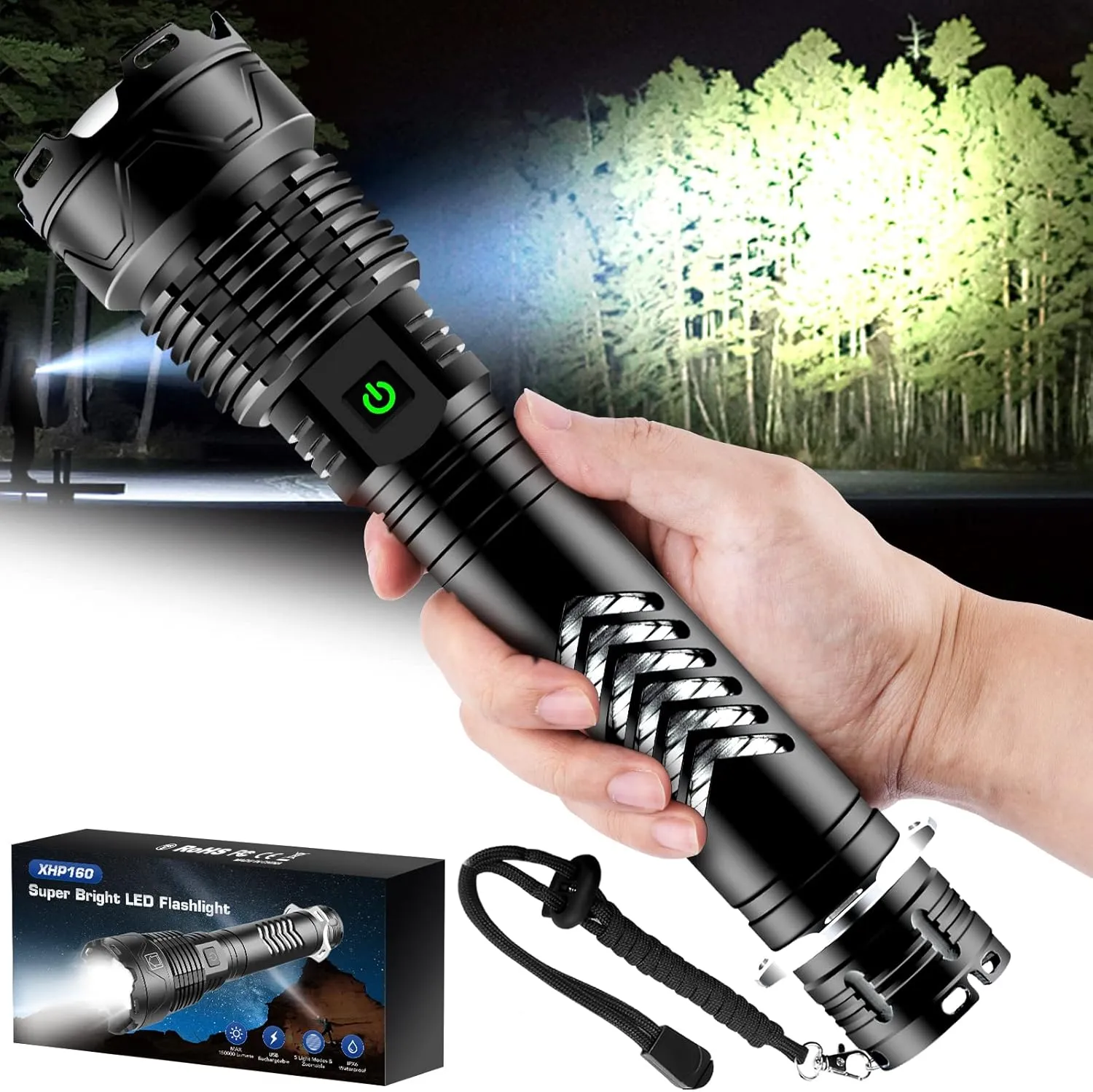 Rechargeable LED Flashlights,150000 High Lumens Super Bright Flashlight,XHP160.2 Tactical Flashlight with Zoomable&5 Modes&IPX65 Waterproof,Powerful Handheld Flashlight for Camping,Hiking,Emergencies