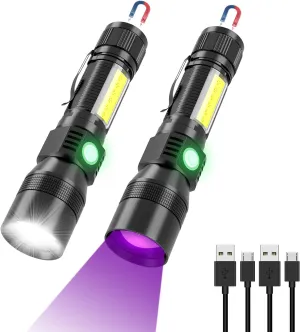 Rechargeable UV Flashlight, 3 in 1 UV LED Tactical Flashlight, Magnetic LED Flashlight with Pocket Clip, 7 Modes, Zoomable, Black 016-2Pack 016-2 016-2