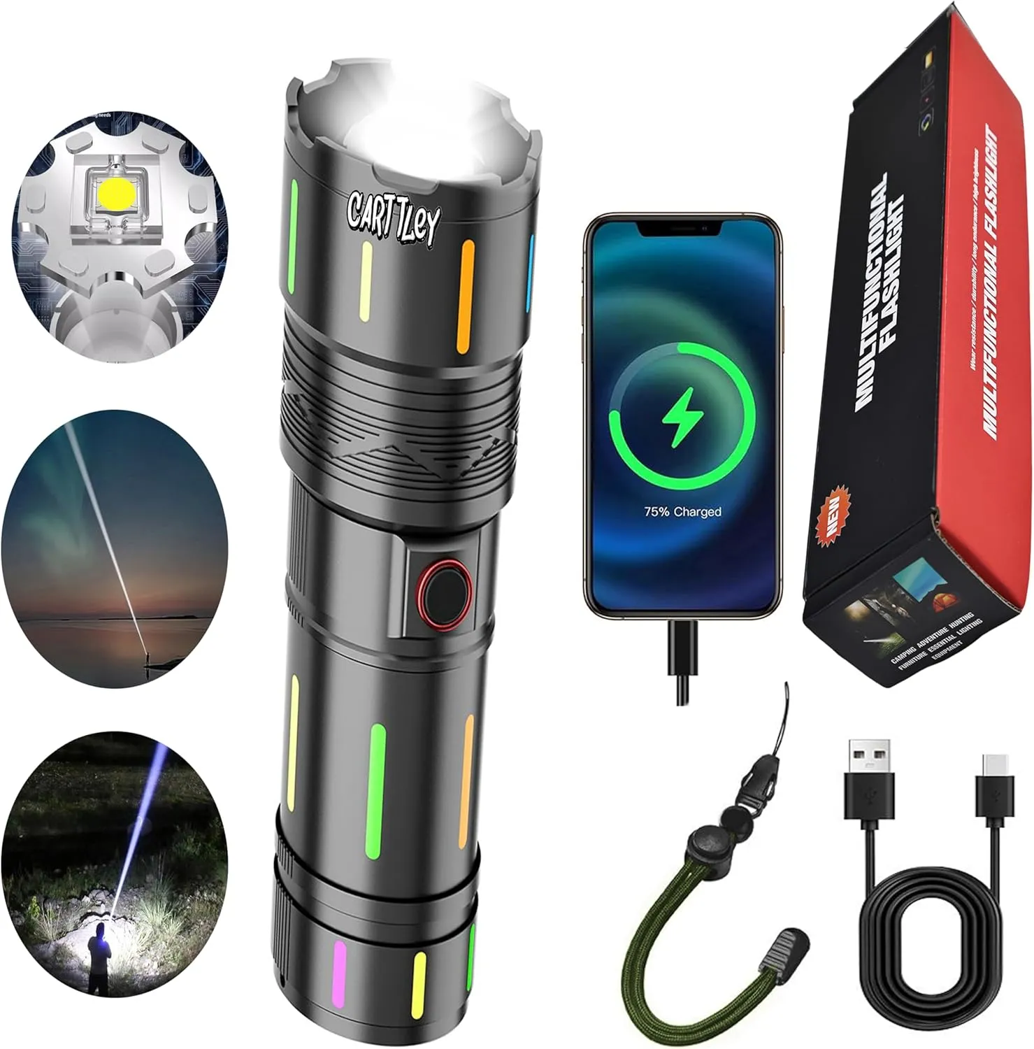 Rechargeable White Laser Super Battery Aluminum LED Flashlight, Body Fluorescent Strip 1500 Lumens, Tactical, 5 Modes, Zoomable, Light Weight for Camping/Home/Outdoor (Car702)