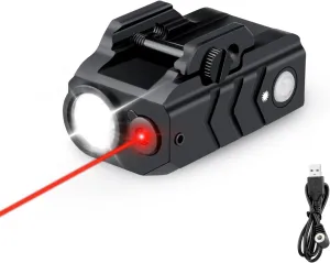 Red Laser Light Combo, Magnetic Charging 900 Lumen Laser Sight Combo Gun Flashlight with Rechargeable Battery Inside, Strobe Function for Pistol Handgun Rifles with Picatinny Rail Mount