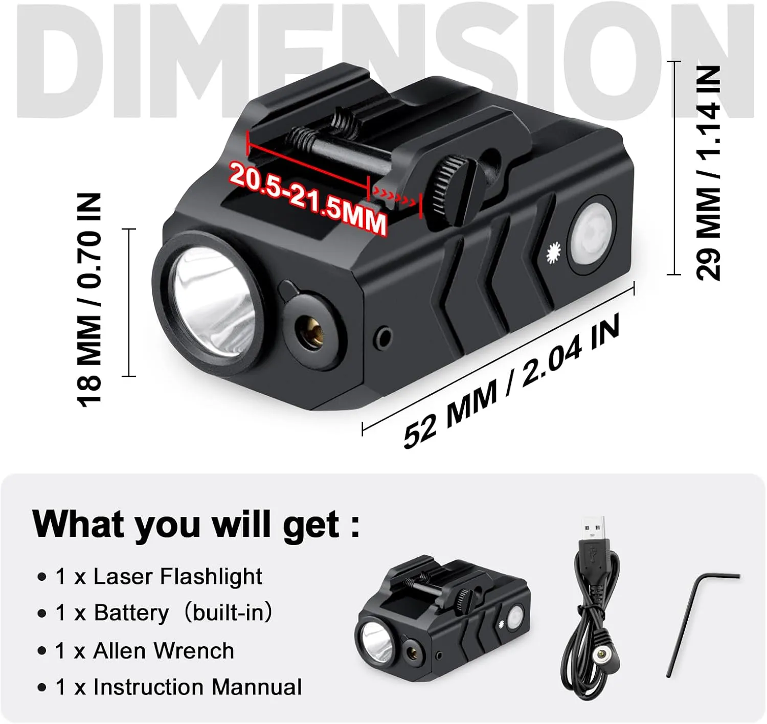 Red Laser Light Combo, Magnetic Charging 900 Lumen Laser Sight Combo Gun Flashlight with Rechargeable Battery Inside, Strobe Function for Pistol Handgun Rifles with Picatinny Rail Mount