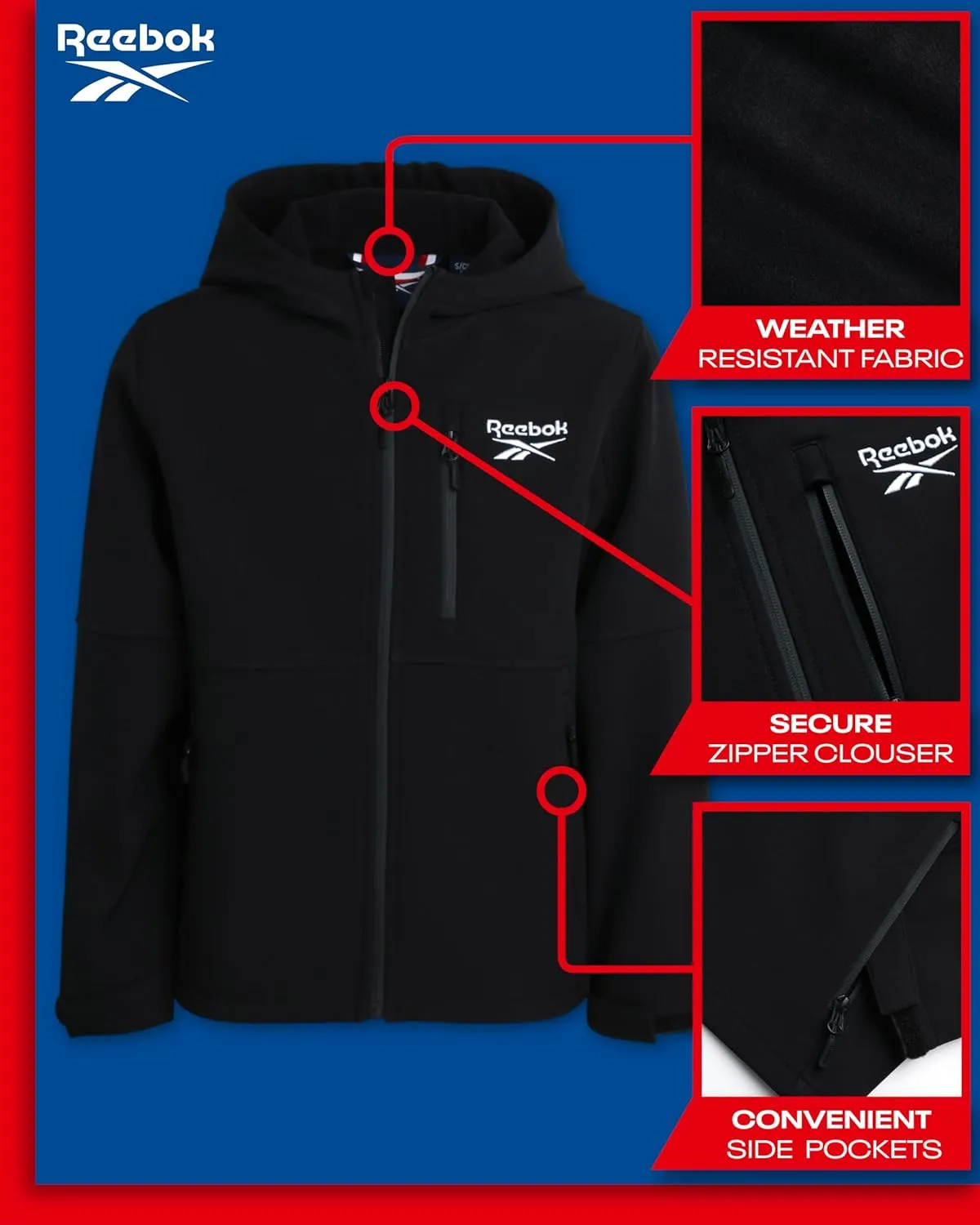 Reebok Boys' Jacket - Lightweight Polar Fleece Lined Softshell Jacket with Hood - Weather Resistant Jacket for Boys (8-20)