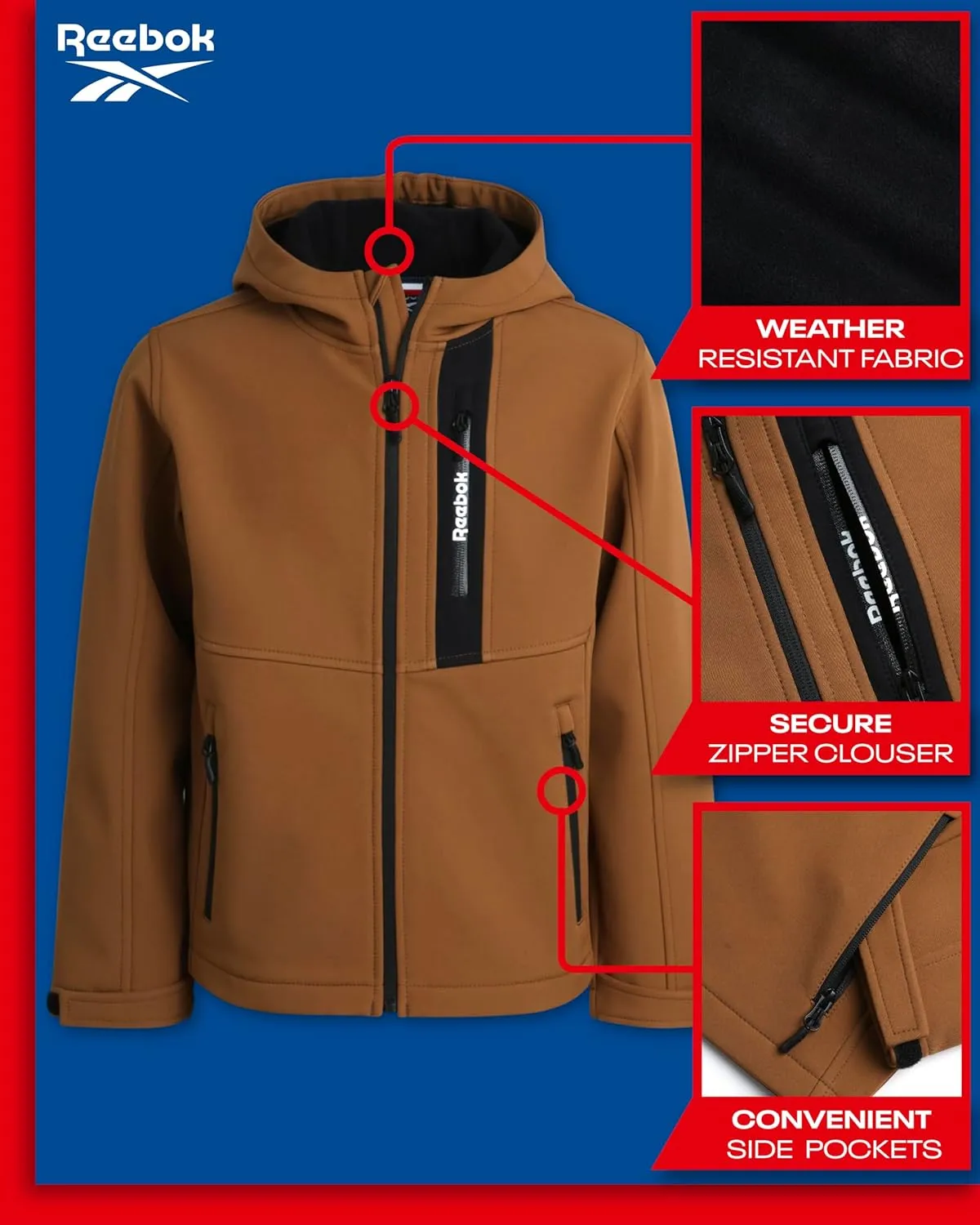 Reebok Boys' Jacket - Lightweight Polar Fleece Lined Softshell Jacket with Hood - Weather Resistant Jacket for Boys (8-20)