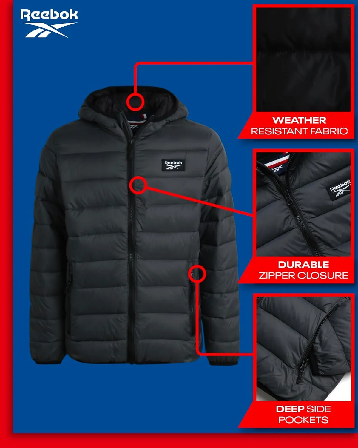Reebok Boys’ Jacket – Water Resistant Midweight Quilted Puffer Coat – Insulated Outerwear Down Coat for Boys (4-20)