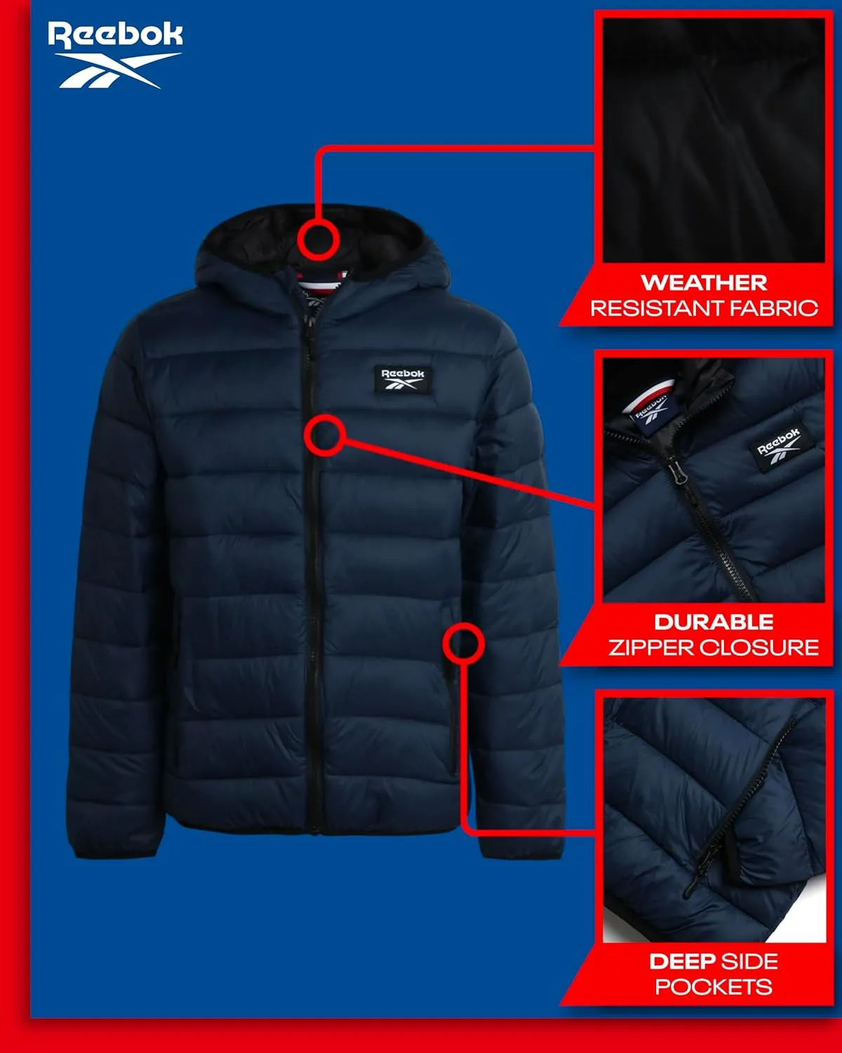 Reebok Boys’ Jacket – Water Resistant Midweight Quilted Puffer Coat – Insulated Outerwear Down Coat for Boys (4-20)
