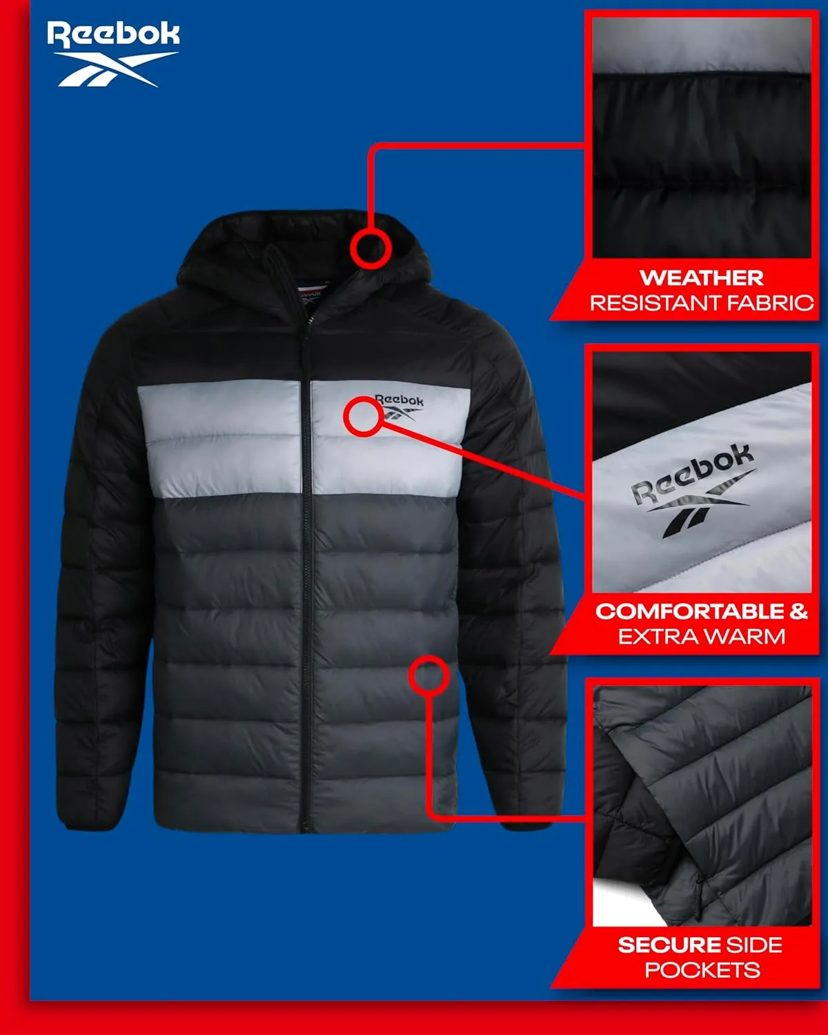 Reebok Men's Jacket – Lightweight Hooded Quilted Puffer Coat – Warm Insulated Winter Jacket for Men (S-4X)