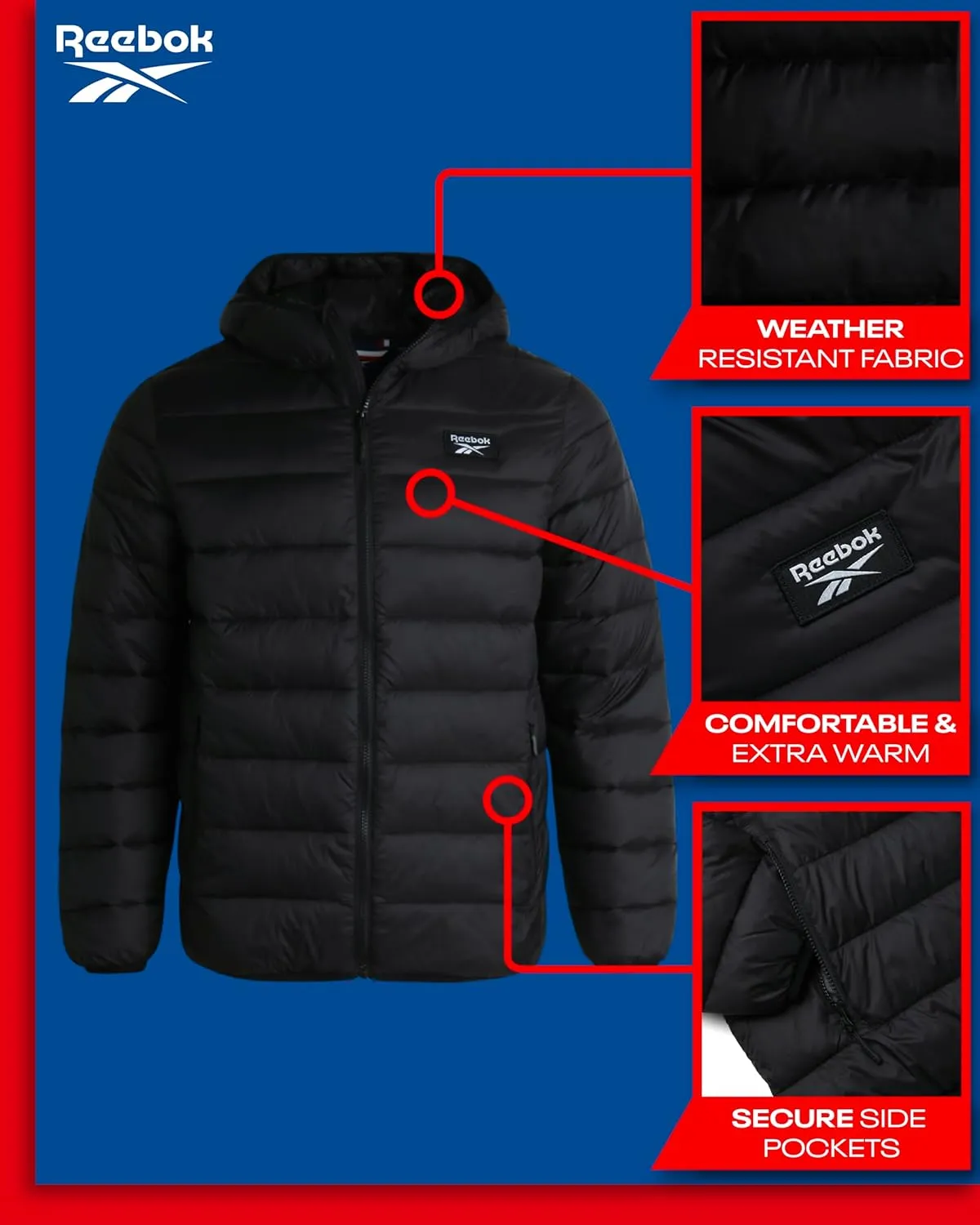Reebok Mens Jacket - Lightweight Hooded Quilted Puffer Coat - Warm Insulated Winter Jacket for Men (S-4X)