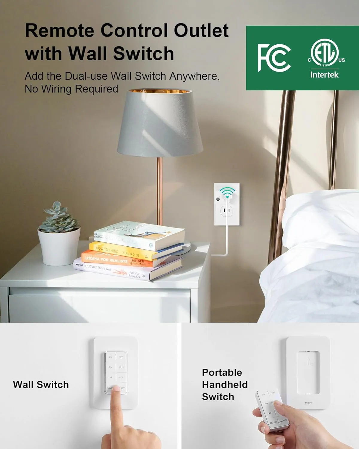 Remote Control Outlet Wireless Wall Mounted Light Switch, Programmable and Expandable Remote Light Switch Kit, No Wiring Needed, 200 Ft RF Range, 15A/1875W, Compact Design, ETL Listed