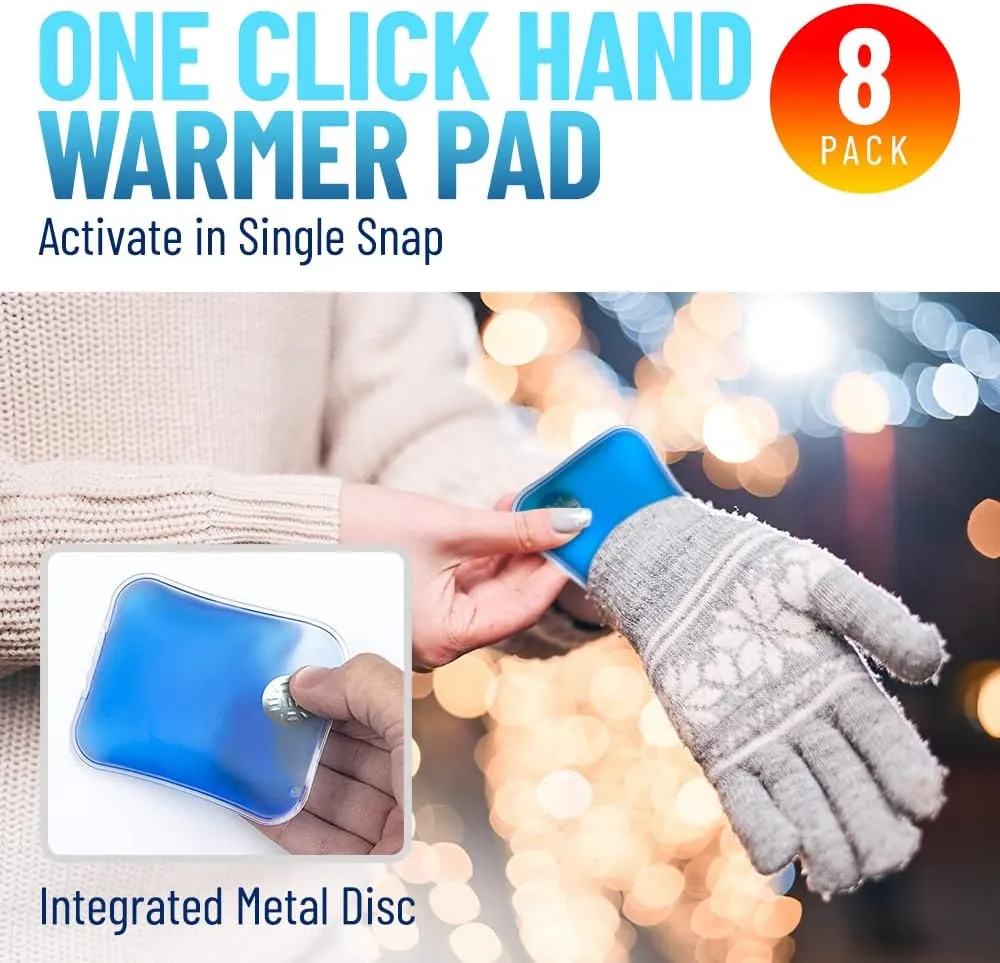 Reusable Heat Packs, Set of 8 - Gel Hand Warmer with Snap to Heat Metal Disc Technology for One Click Heating - Instant to Go Pocket Hand Warmer with Gift Packaging.
