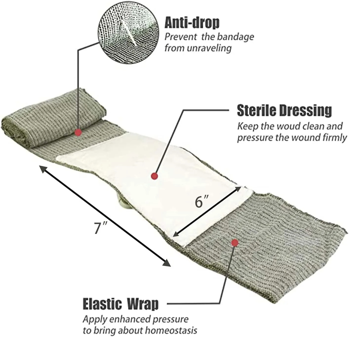 RHINO RESCUE 6" Israeli Style Emergency Bandage, Compression Trauma Wound Dressing, Medical Sterile Vacuum Sealed, Combat Tactical First Aid Kit IFAK Supplies, 5 Count