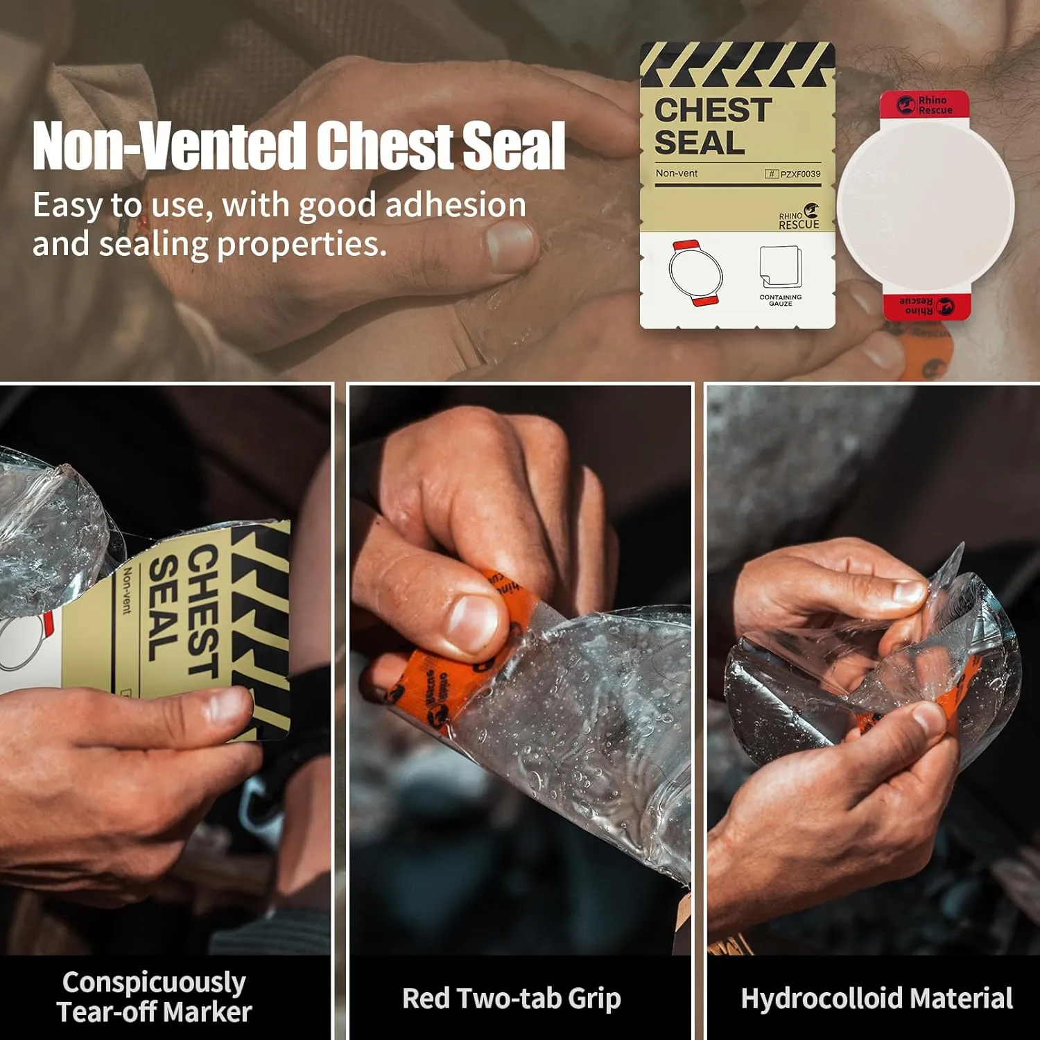 RHINO RESCUE Chest Seal Non-Vented, Sterile Emergency Trauma Dressing, IFAK Medical Supplies for Wound Care,Gunshot Wound, Sucking Chest, FSA/HSA Eligible (2 Count)
