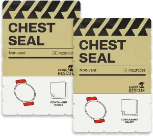 RHINO RESCUE Chest Seal Non-Vented, Sterile Emergency Trauma Dressing, IFAK Medical Supplies for Wound Care,Gunshot Wound, Sucking Chest, FSA/HSA Eligible (2 Count)