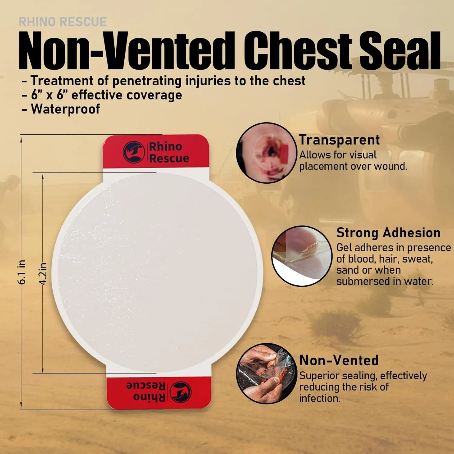 RHINO RESCUE Chest Seal Non-Vented, Sterile Emergency Trauma Dressing, IFAK Medical Supplies for Wound Care,Gunshot Wound, Sucking Chest, FSA/HSA Eligible (2 Count)