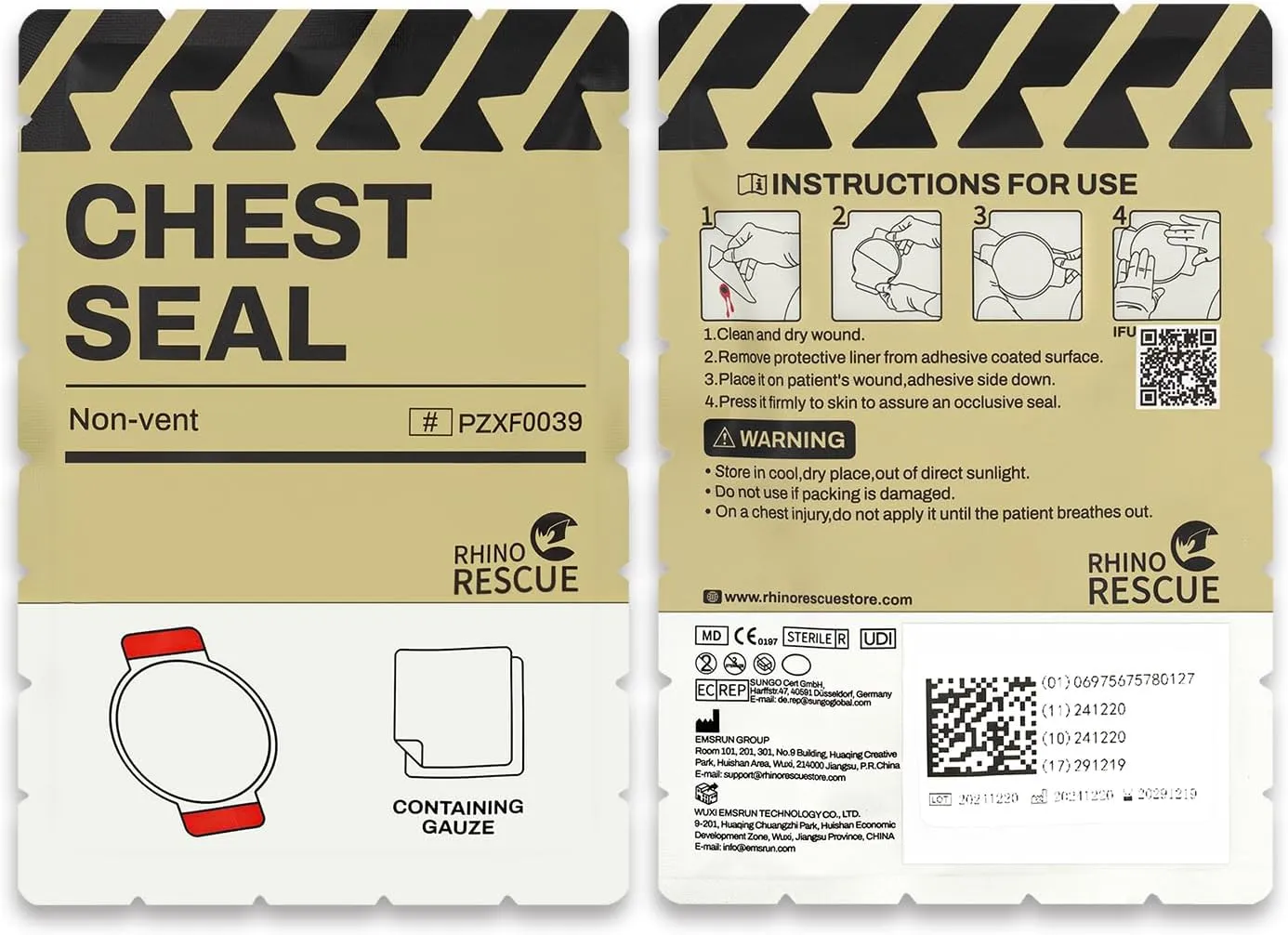 RHINO RESCUE Chest Seal Non-Vented, Sterile Emergency Trauma Dressing, IFAK Medical Supplies for Wound Care,Gunshot Wound, Sucking Chest, FSA/HSA Eligible (2 Count)