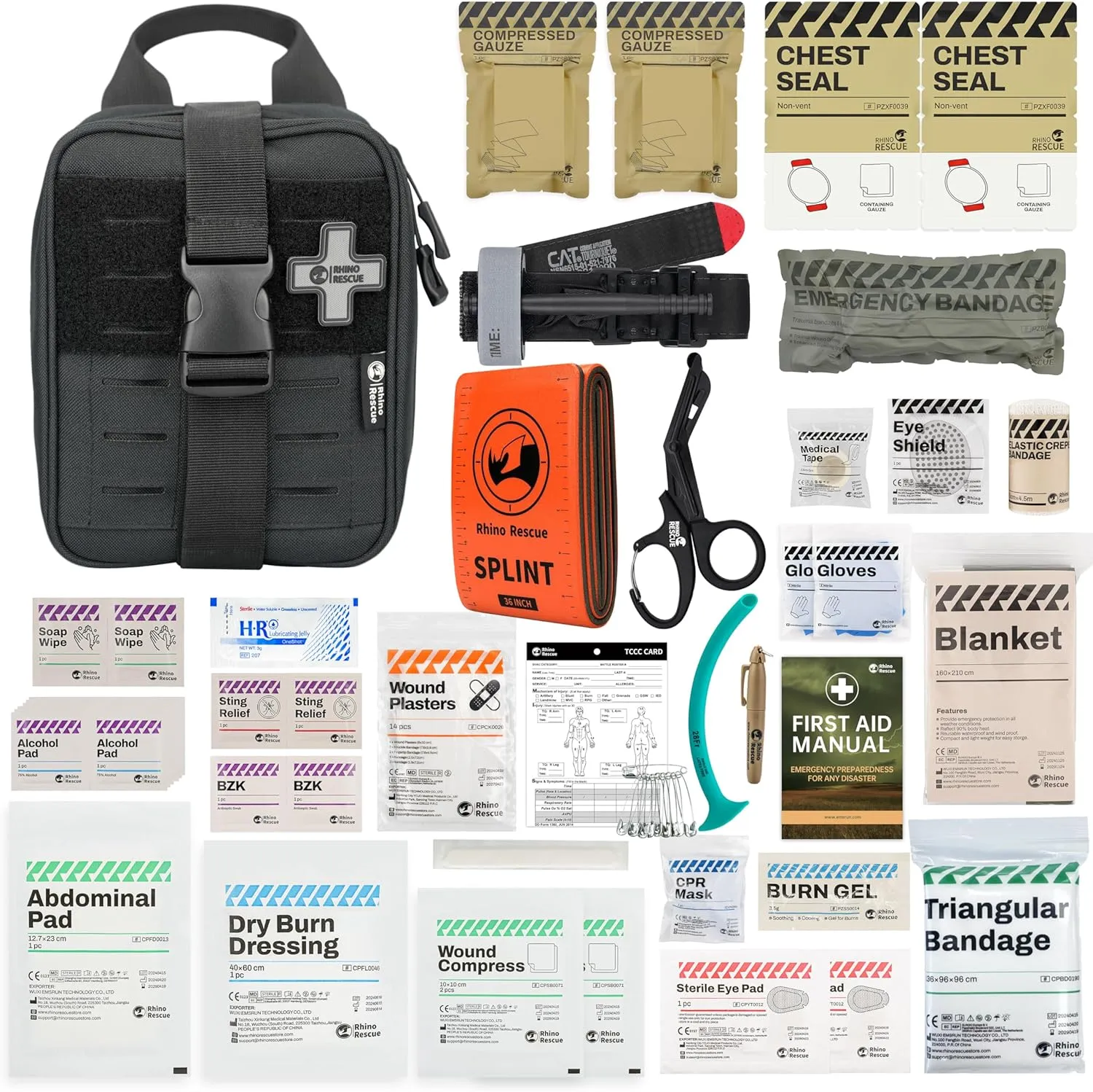 RHINO RESCUE IFAK Trauma Kit with C-A-T Tourniquet, Tactical First Aid Kit Molle Pouch for Military, Combat, Car, Camping, Hiking, Travel， FSA HSA Eligible (Black)
