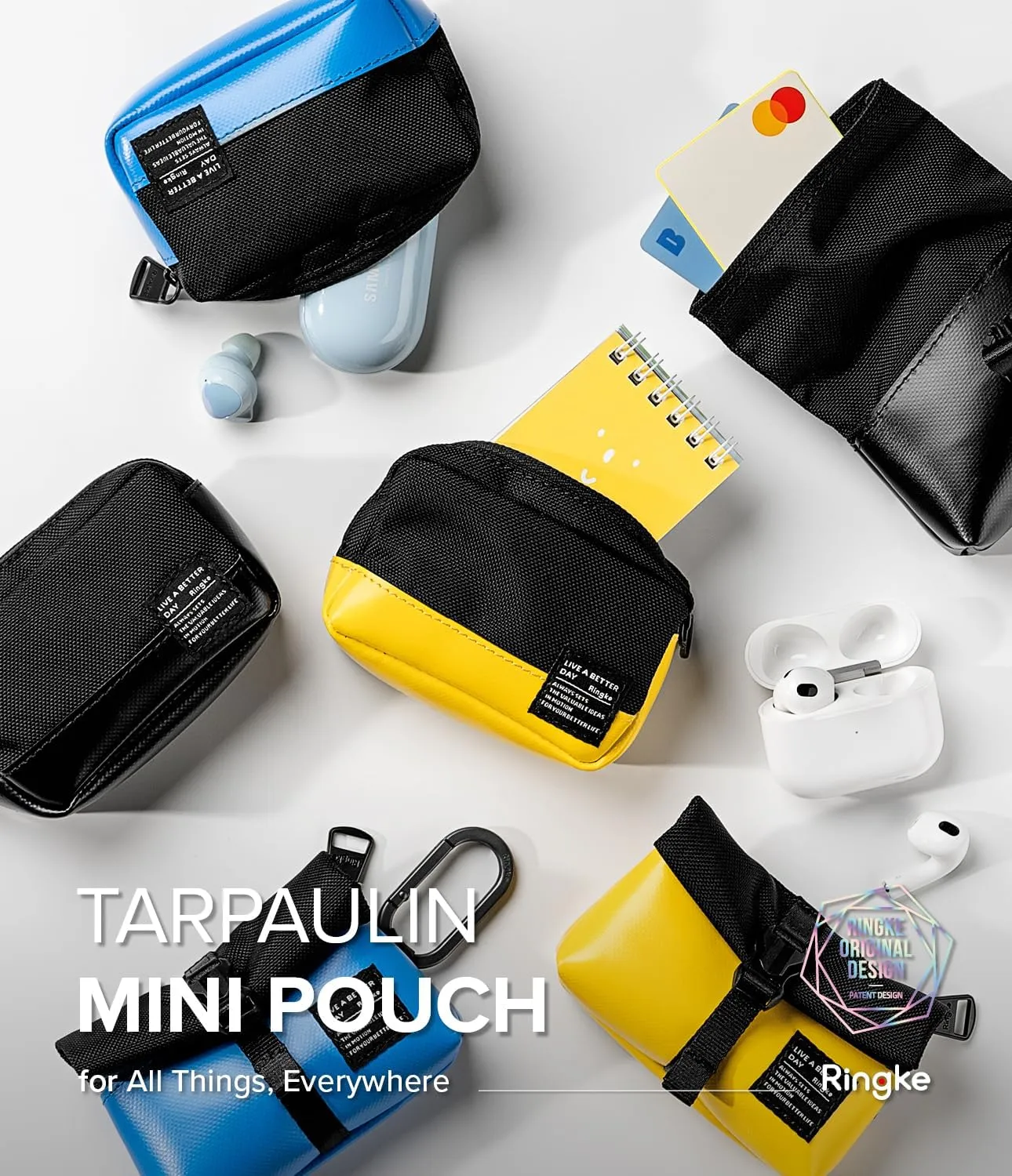 Ringke Mini Pouch Tarpaulin [Roll Top] Durable Water-Resistant Small Bag Designed for AirPods Pro 2nd Generation, Pro, 3, 2, 1, Galaxy Buds, Earphones, Cards, ID - Yellow
