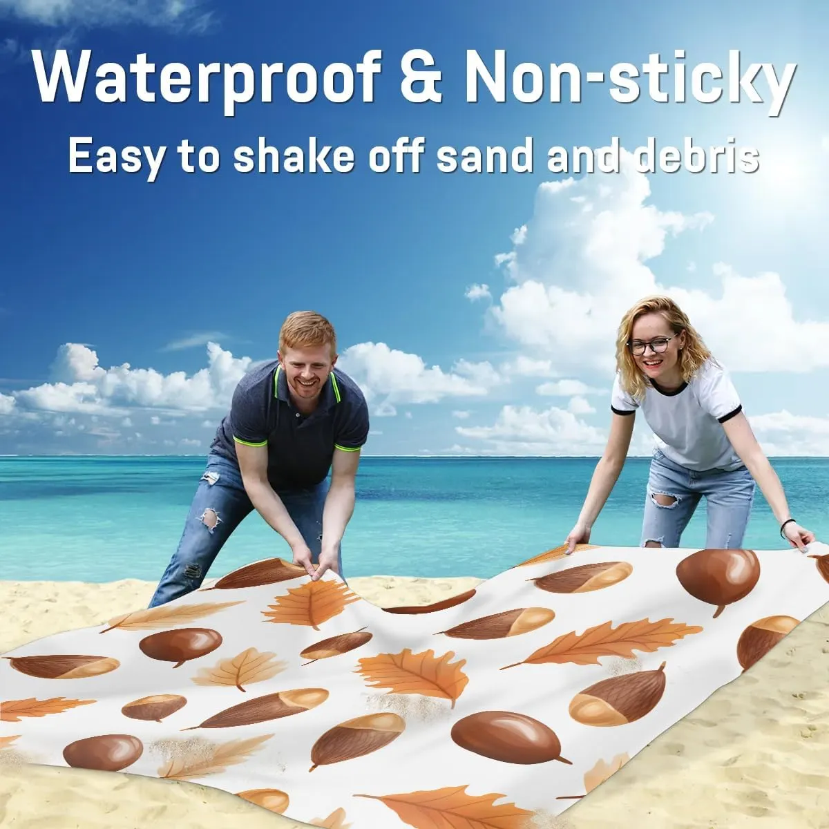 Ripe Hazelnut Beach Blanket, Sandproof Beach Mat, 68 x 59 Waterproof Quick Drying Sand Free Mat with 4 x Ground Spikes for Outdoor Travel Camping Hiking, Fall Food