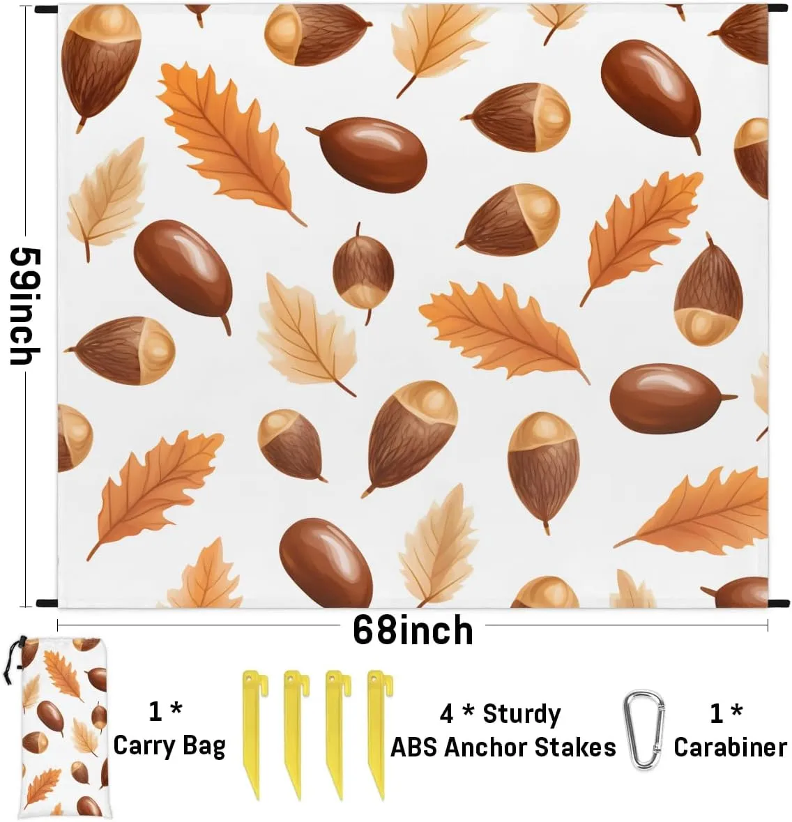 Ripe Hazelnut Beach Blanket, Sandproof Beach Mat, 68 x 59 Waterproof Quick Drying Sand Free Mat with 4 x Ground Spikes for Outdoor Travel Camping Hiking, Fall Food