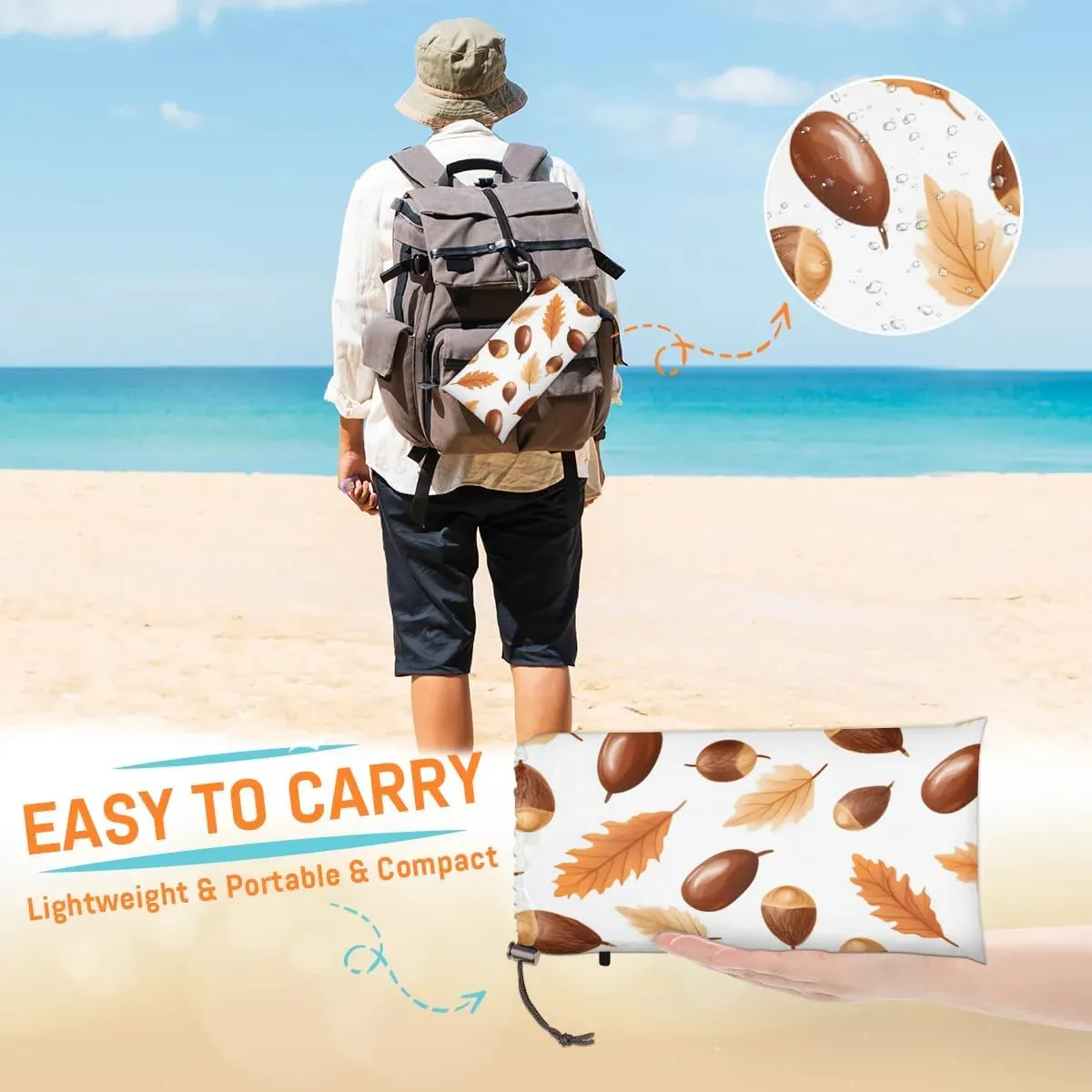 Ripe Hazelnut Beach Blanket, Sandproof Beach Mat, 68 x 59 Waterproof Quick Drying Sand Free Mat with 4 x Ground Spikes for Outdoor Travel Camping Hiking, Fall Food