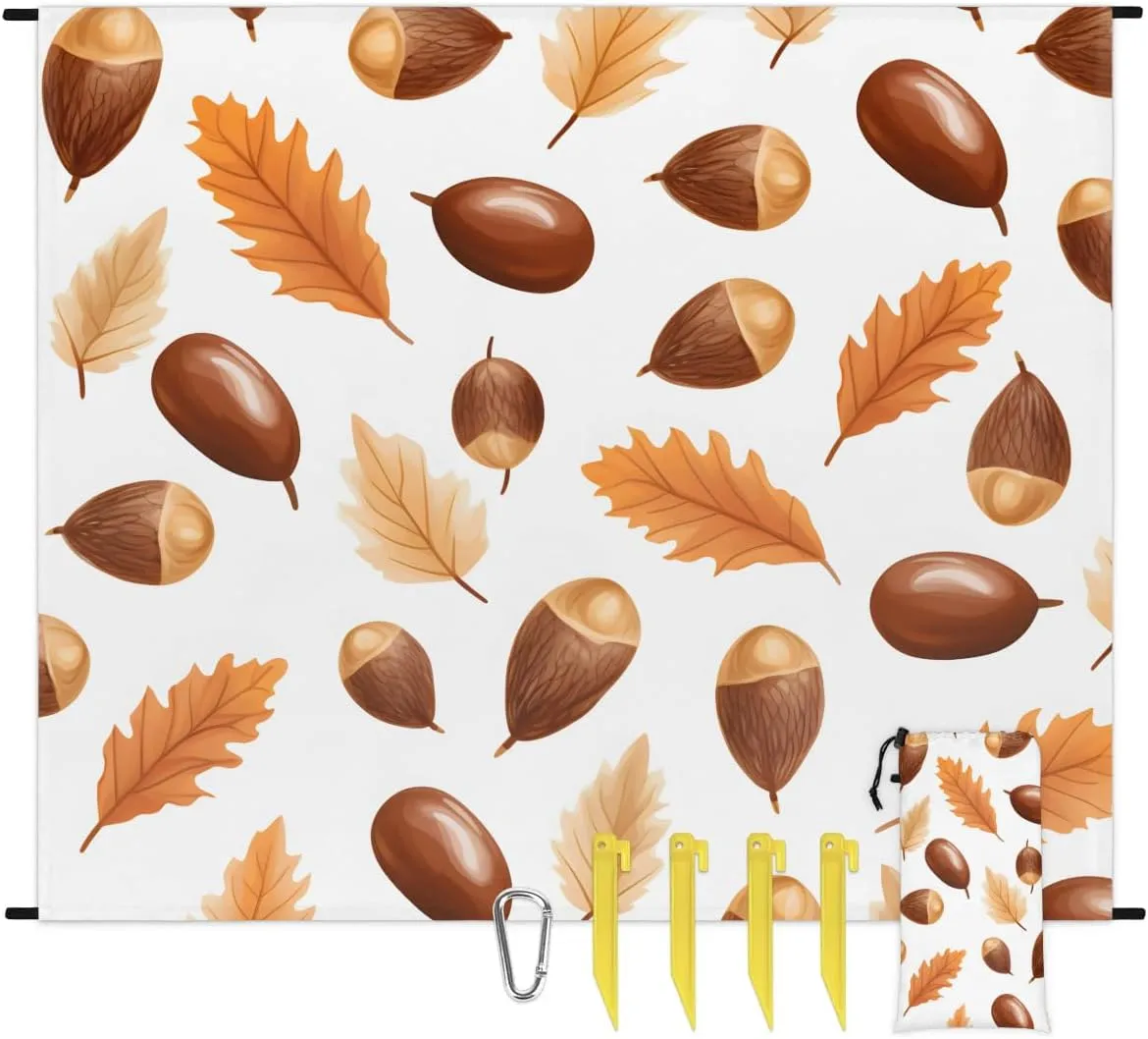 Ripe Hazelnut Beach Blanket, Sandproof Beach Mat, 68 x 59 Waterproof Quick Drying Sand Free Mat with 4 x Ground Spikes for Outdoor Travel Camping Hiking, Fall Food