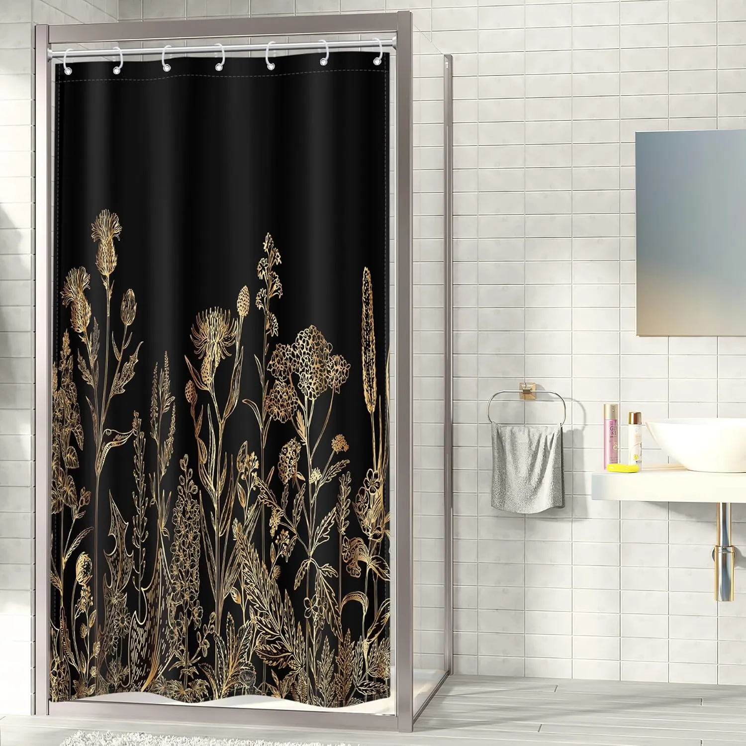Riyidecor Small Stall Black Gold Dark Floral Wildflower Shower Curtain for Bathroom Decor 36Wx72H Rustic Botanical Herb Plant Leaves Nature Art Printed Fabric Polyester Waterproof 7 Pack Plastic Hooks