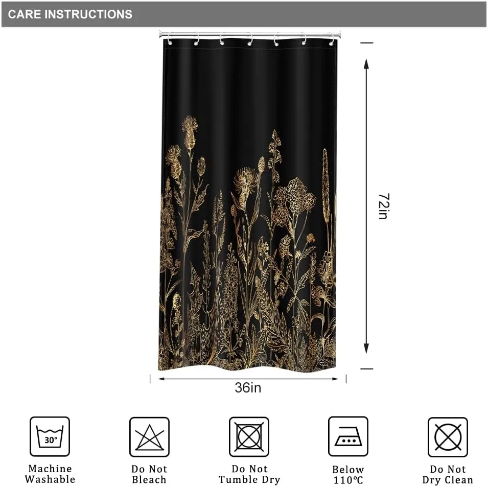 Riyidecor Small Stall Black Gold Dark Floral Wildflower Shower Curtain for Bathroom Decor 36Wx72H Rustic Botanical Herb Plant Leaves Nature Art Printed Fabric Polyester Waterproof 7 Pack Plastic Hooks