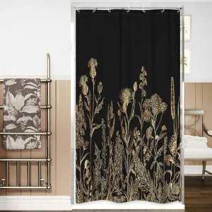 Riyidecor Small Stall Black Gold Dark Floral Wildflower Shower Curtain for Bathroom Decor 36Wx72H Rustic Botanical Herb Plant Leaves Nature Art Printed Fabric Polyester Waterproof 7 Pack Plastic Hooks