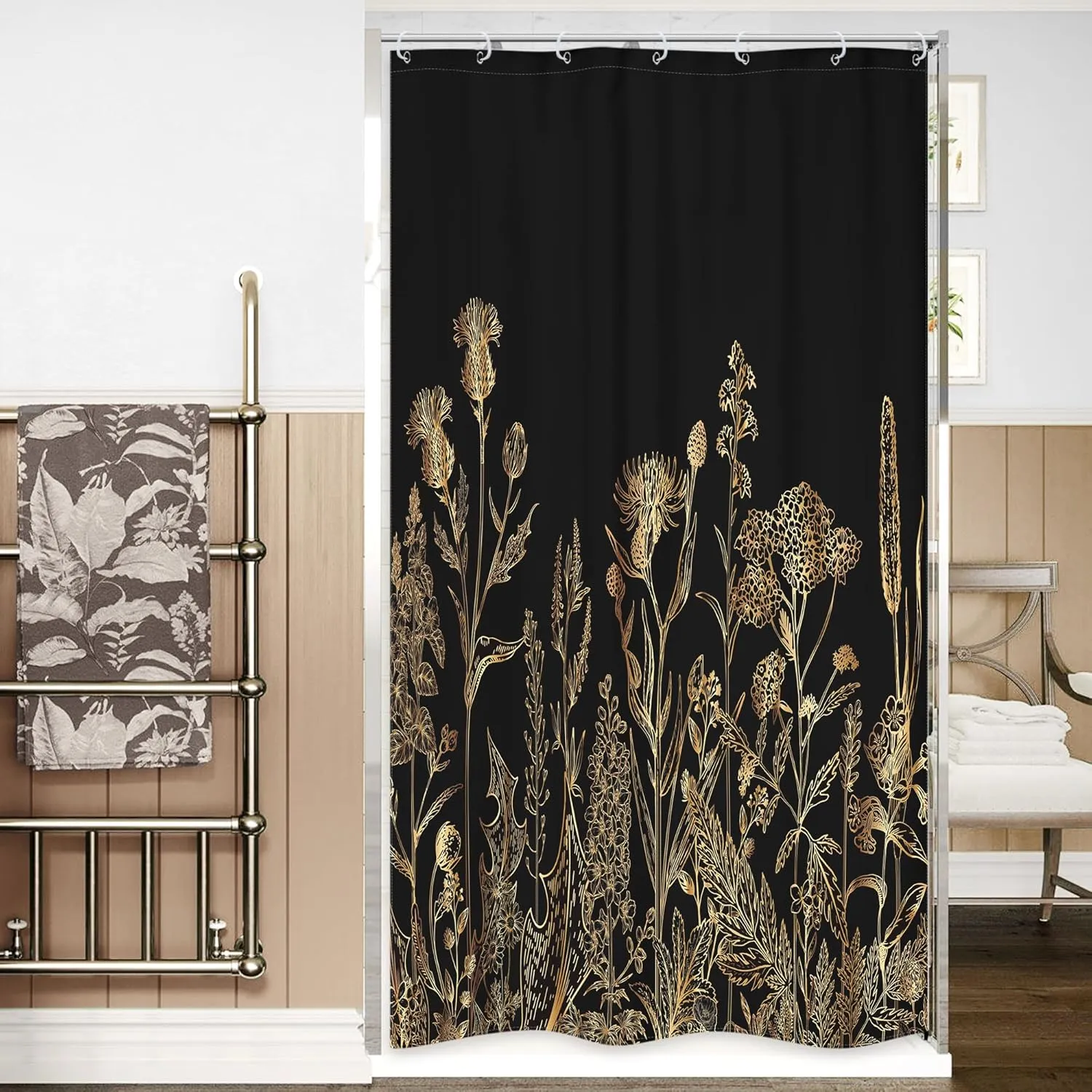 Riyidecor Small Stall Black Gold Dark Floral Wildflower Shower Curtain for Bathroom Decor 36Wx72H Rustic Botanical Herb Plant Leaves Nature Art Printed Fabric Polyester Waterproof 7 Pack Plastic Hooks