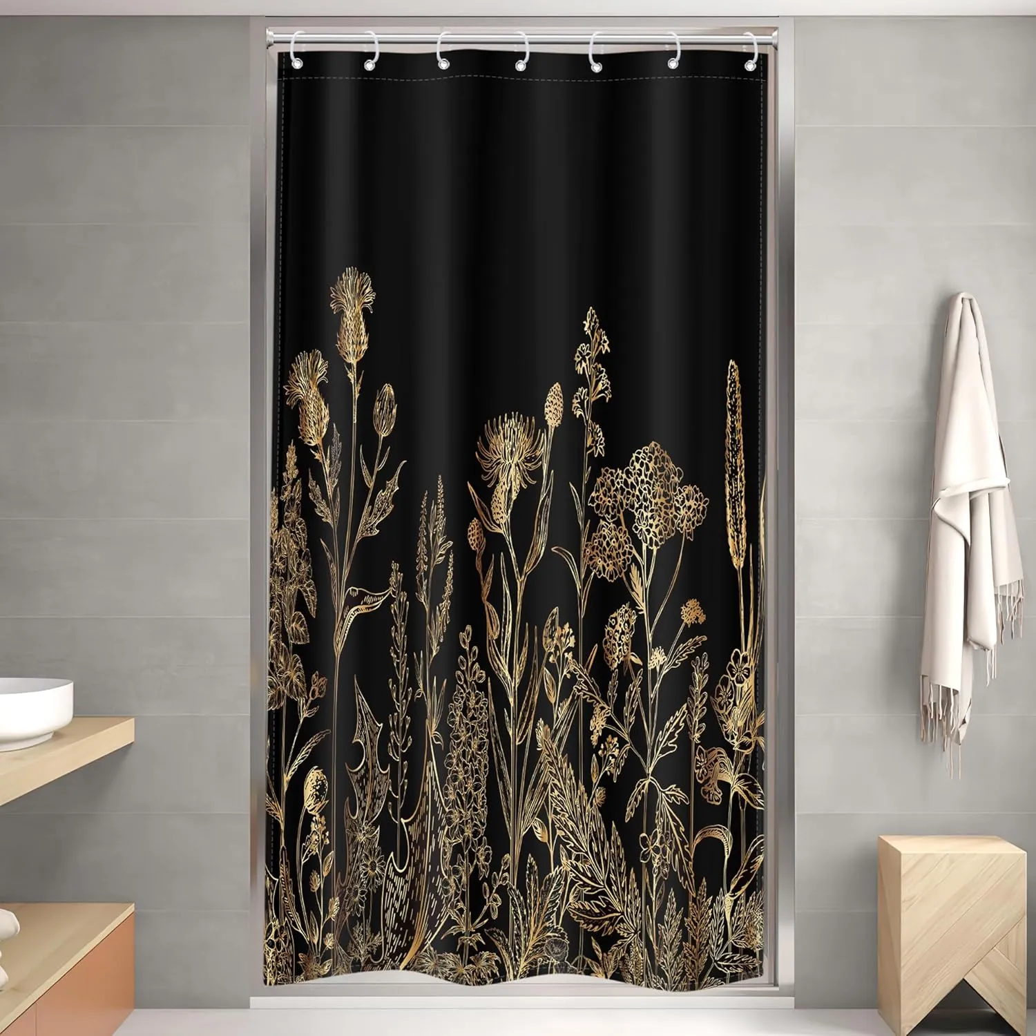 Riyidecor Small Stall Black Gold Dark Floral Wildflower Shower Curtain for Bathroom Decor 36Wx72H Rustic Botanical Herb Plant Leaves Nature Art Printed Fabric Polyester Waterproof 7 Pack Plastic Hooks