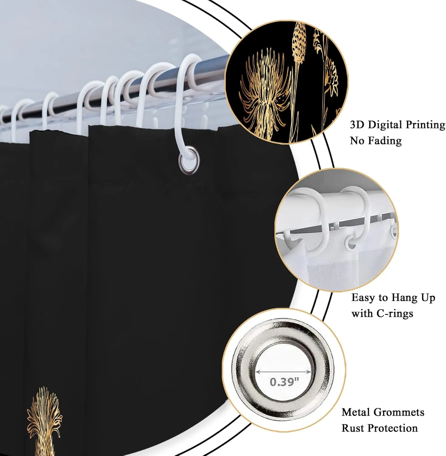 Riyidecor Small Stall Black Gold Dark Floral Wildflower Shower Curtain for Bathroom Decor 36Wx72H Rustic Botanical Herb Plant Leaves Nature Art Printed Fabric Polyester Waterproof 7 Pack Plastic Hooks