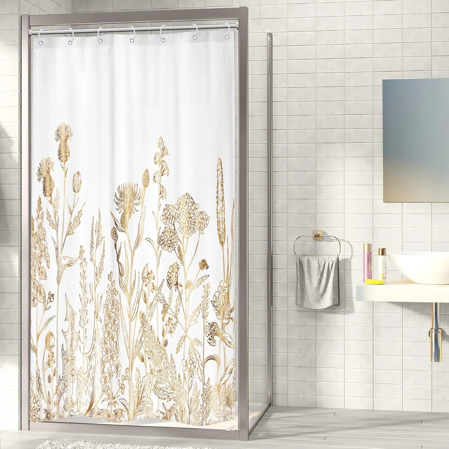 Riyidecor Small Stall RV White Gold Floral Shower Curtain for Bathroom Decor 36Wx72H Wildflower Rustic Botanical Herbs Plant Leaves Nature Art Printed Fabric Polyester Waterproof 7 Pack Plastic Hooks