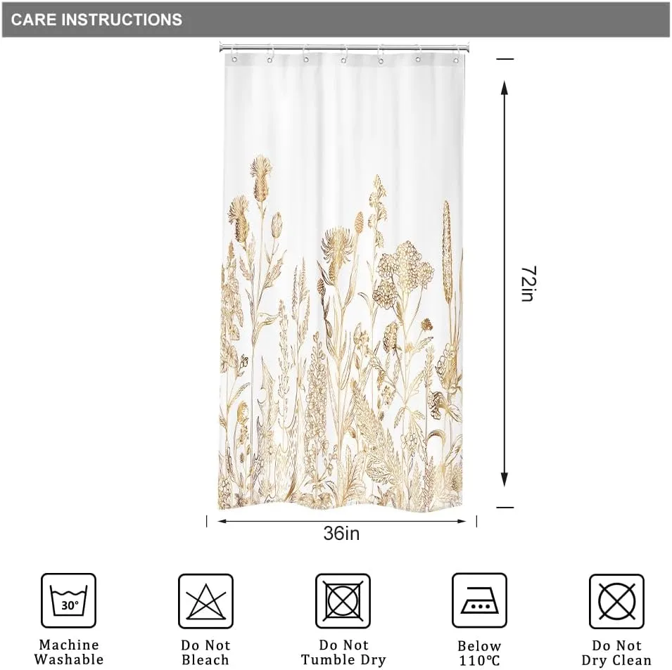 Riyidecor Small Stall RV White Gold Floral Shower Curtain for Bathroom Decor 36Wx72H Wildflower Rustic Botanical Herbs Plant Leaves Nature Art Printed Fabric Polyester Waterproof 7 Pack Plastic Hooks