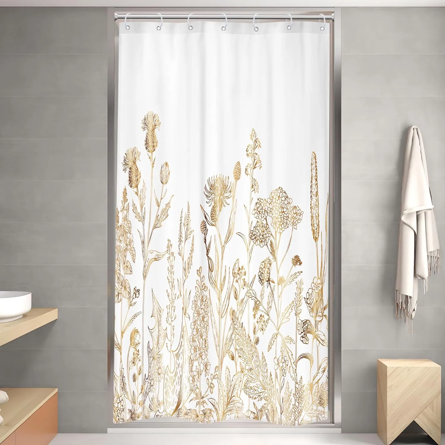 Riyidecor Small Stall RV White Gold Floral Shower Curtain for Bathroom Decor 36Wx72H Wildflower Rustic Botanical Herbs Plant Leaves Nature Art Printed Fabric Polyester Waterproof 7 Pack Plastic Hooks