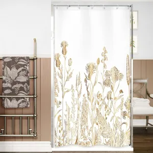 Riyidecor Small Stall RV White Gold Floral Shower Curtain for Bathroom Decor 36Wx72H Wildflower Rustic Botanical Herbs Plant Leaves Nature Art Printed Fabric Polyester Waterproof 7 Pack Plastic Hooks