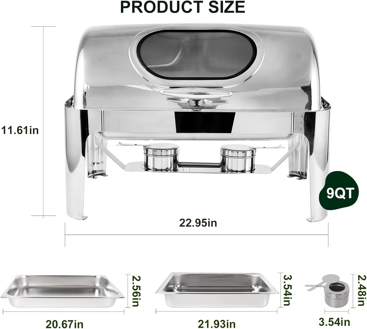 Roll Top Chafing Dish Buffet Set w/Visible Window, 9QT Stainless Steel Chafers and Buffet Warmer for Catering, with Full Size Food & Water Pan, Fold Frame, Fuel Holder for Event Party Holiday