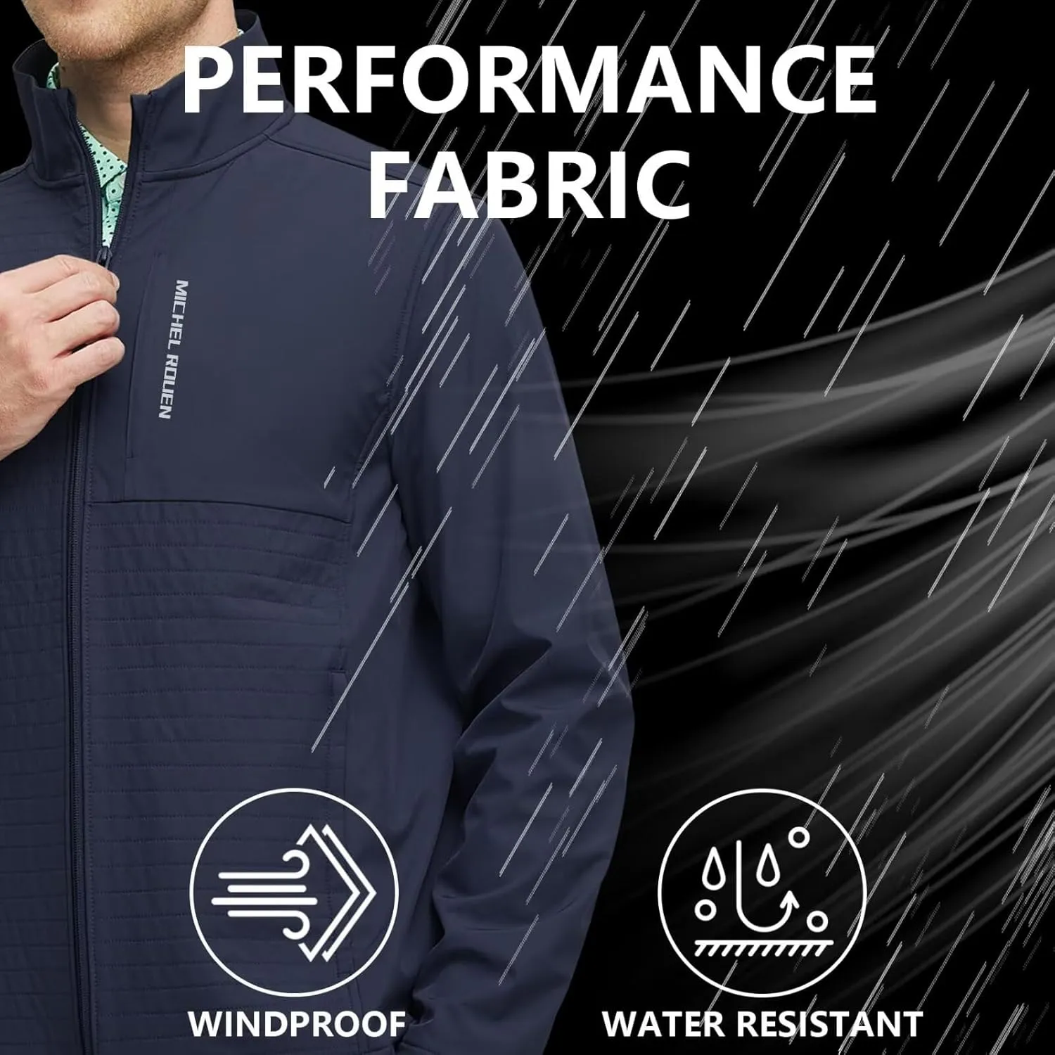 Rouen Mens Golf Raincoat Jacket Zipper Pockets Lightweight Softshell Hooded Water-resistant Spring Fall Outdoor Windbreaker