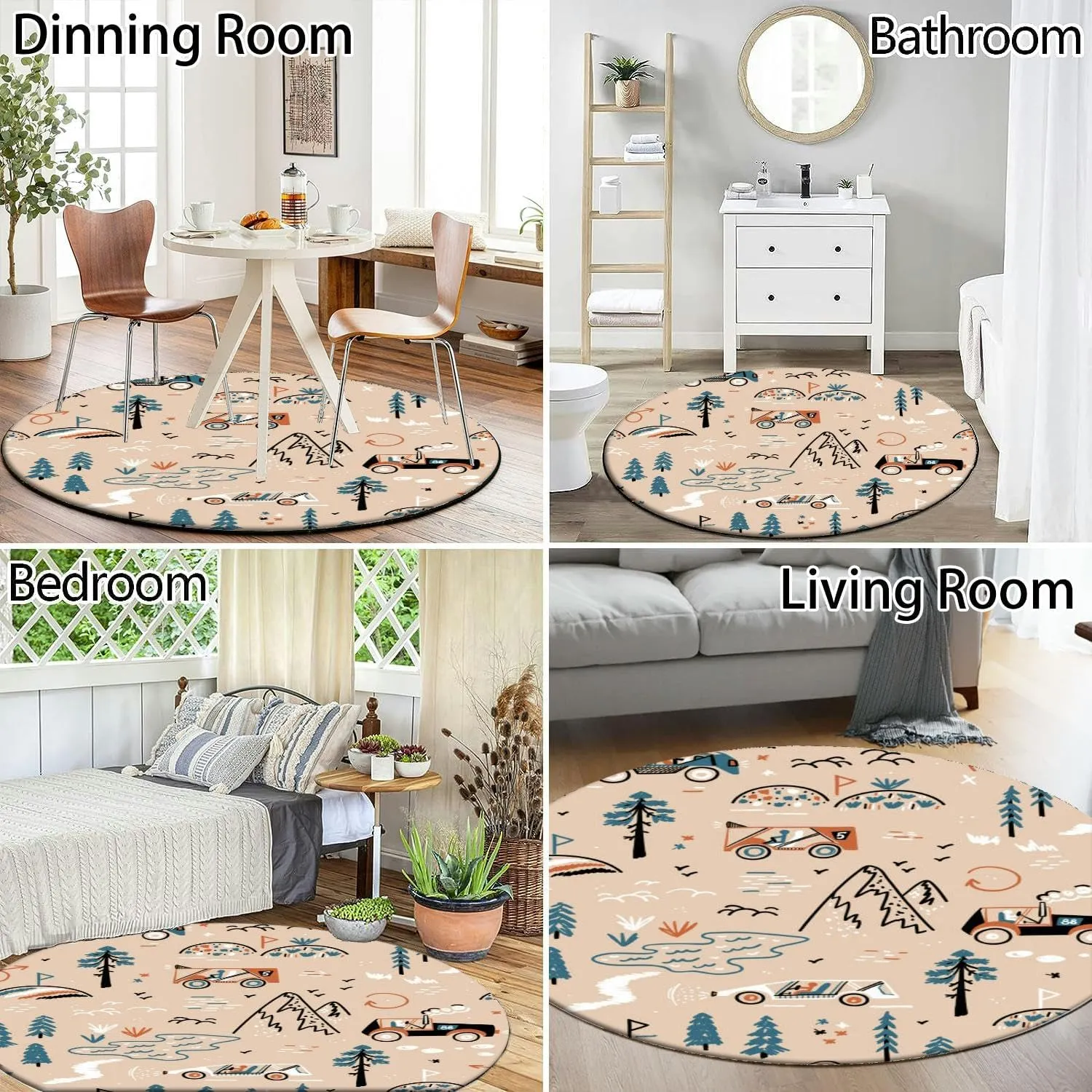 Round Rug 4ft Circle Area Rug Off Road Racing Mountain Forest Rally Car Racing Doodle Carpet Washable Small Round Rugs for Bedroom Aesthetic Bathroom Laundry Living Room Kitchen Outdoor