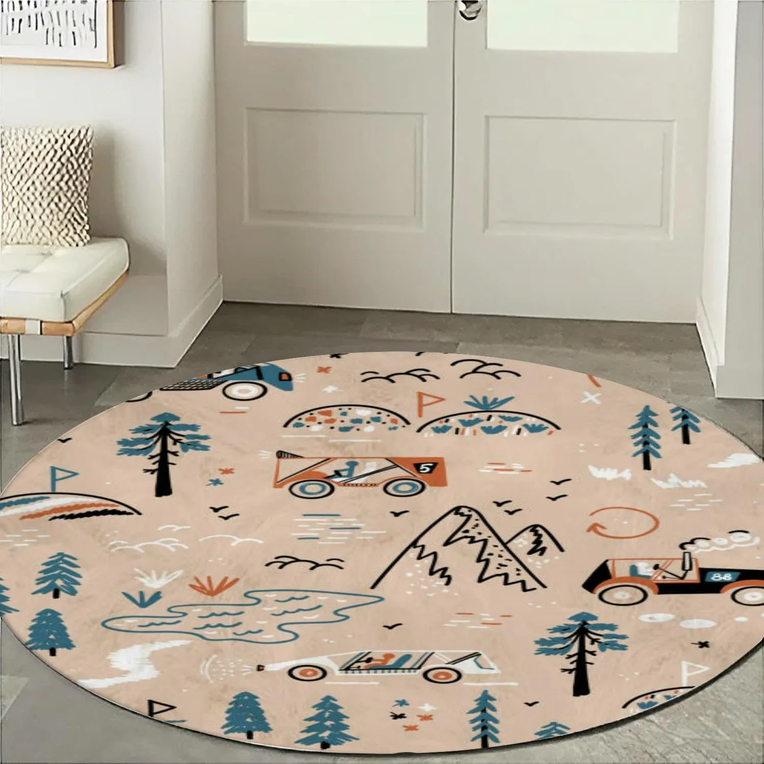 Round Rug 4ft Circle Area Rug Off Road Racing Mountain Forest Rally Car Racing Doodle Carpet Washable Small Round Rugs for Bedroom Aesthetic Bathroom Laundry Living Room Kitchen Outdoor