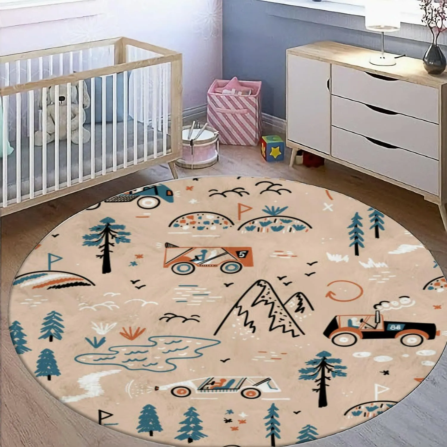 Round Rug 4ft Circle Area Rug Off Road Racing Mountain Forest Rally Car Racing Doodle Carpet Washable Small Round Rugs for Bedroom Aesthetic Bathroom Laundry Living Room Kitchen Outdoor