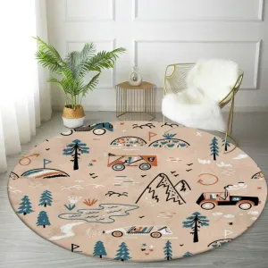 Round Rug 4ft Circle Area Rug Off Road Racing Mountain Forest Rally Car Racing Doodle Carpet Washable Small Round Rugs for Bedroom Aesthetic Bathroom Laundry Living Room Kitchen Outdoor