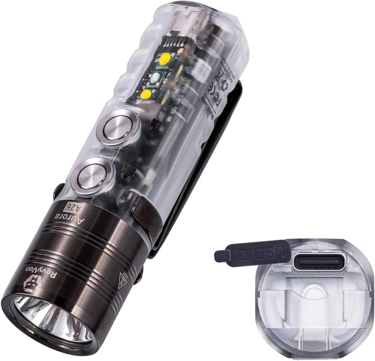 RovyVon A26 EDC Flashlight, USB C Rechargeable 600 Lumens Super Bright Handheld Flashlight, Compact Pocket Flashlight with Versatile Sidelights for Outdoors, Everyday Carry (White/ 365nm/ White)