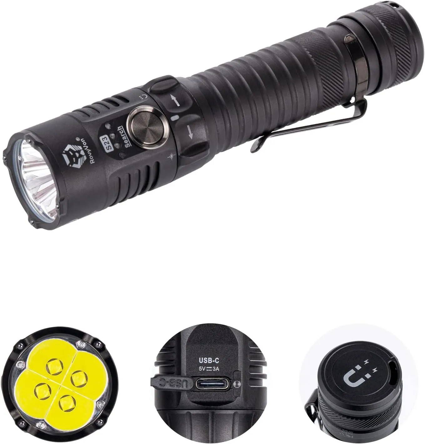 RovyVon S23 4000 Lumens USB-C Rechargeable EDC Flashlight, 6500K Cool White Pocket Floodlight, New Twist Switch, Metal Button with Momentary on, Magnet Tail, Super Bright for Outdoor Searching(Black)