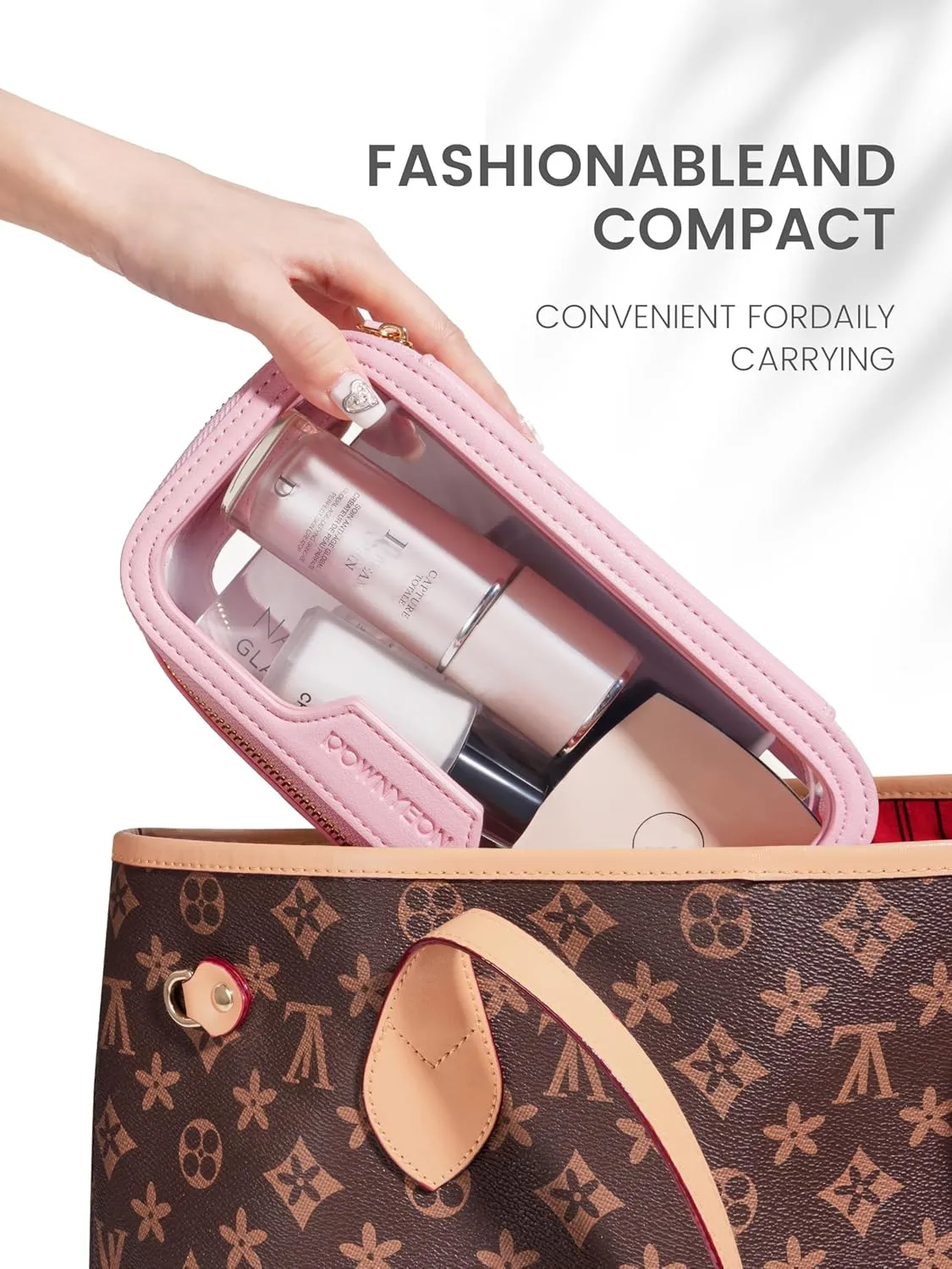 ROWNYEON Waterproof Toiletry Organizer Train Case, CLear Travel Makeup Bag for Women，Transparent Cosmetic Bag，Portable Makeup Case Organizer (pink)