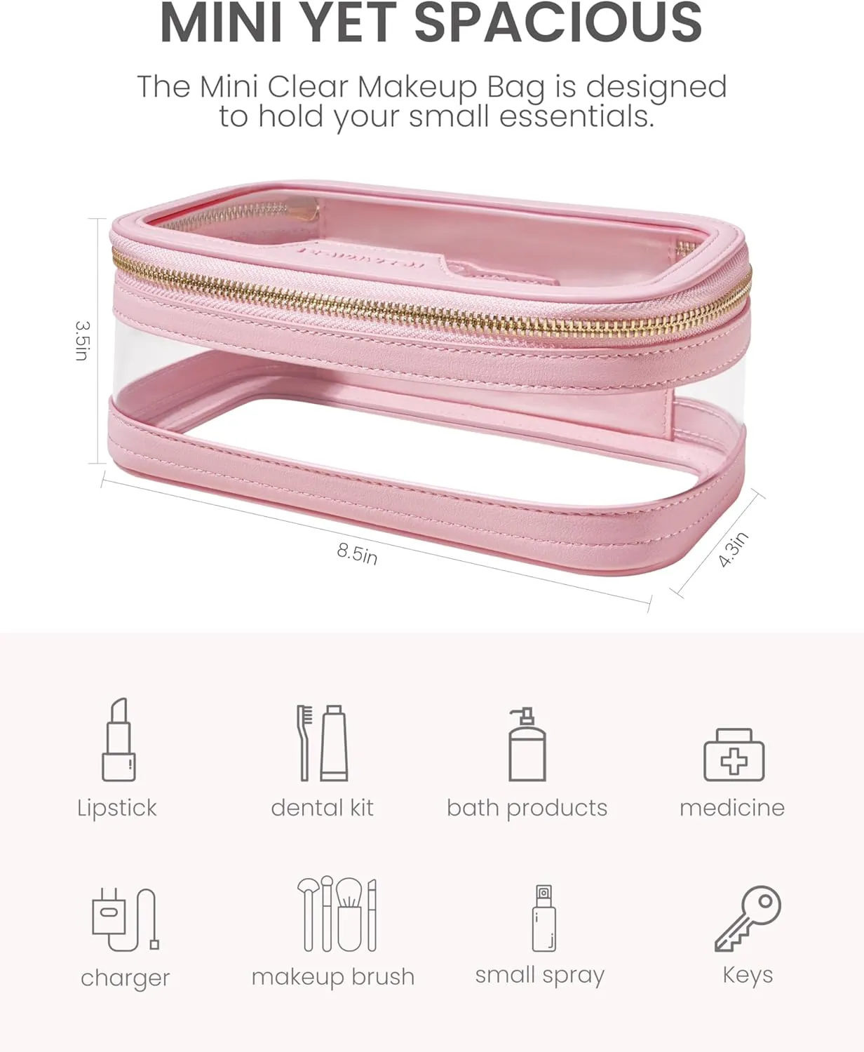 ROWNYEON Waterproof Toiletry Organizer Train Case, CLear Travel Makeup Bag for Women，Transparent Cosmetic Bag，Portable Makeup Case Organizer (pink)