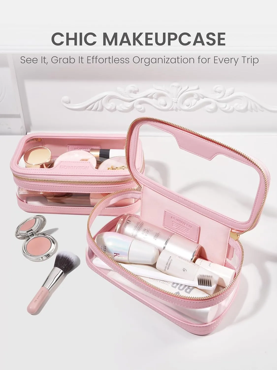 ROWNYEON Waterproof Toiletry Organizer Train Case, CLear Travel Makeup Bag for Women，Transparent Cosmetic Bag，Portable Makeup Case Organizer (pink)
