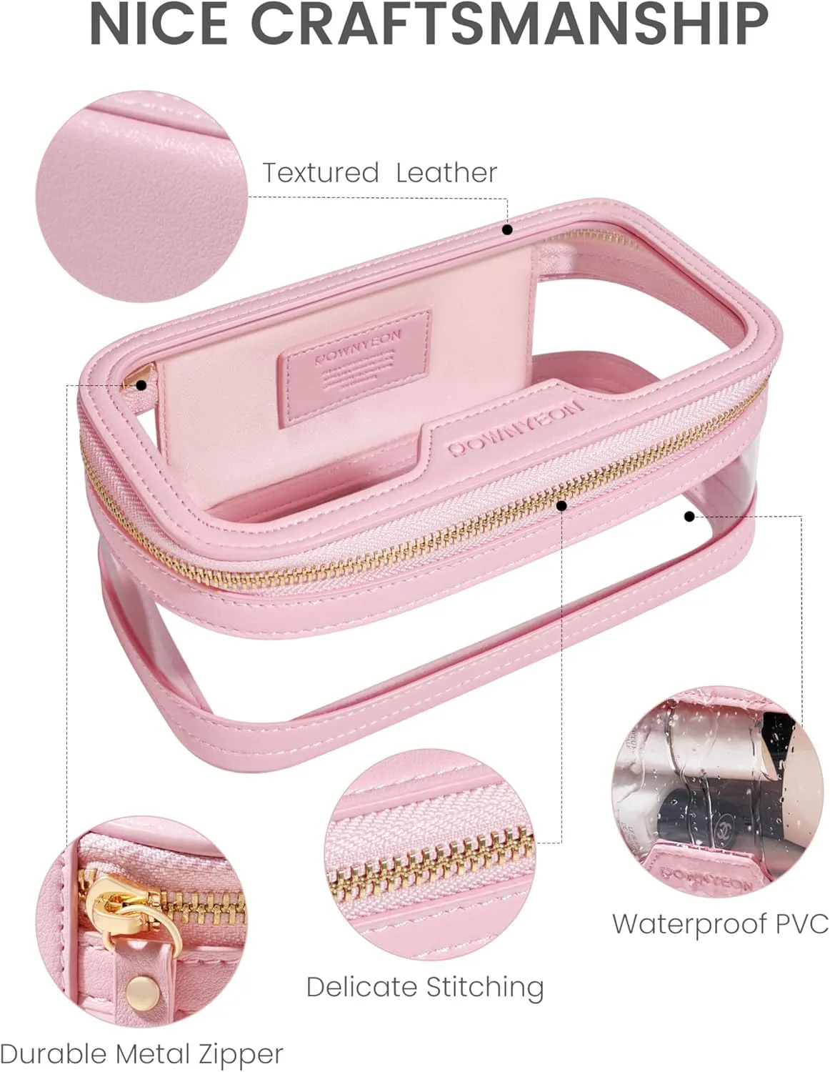 ROWNYEON Waterproof Toiletry Organizer Train Case, CLear Travel Makeup Bag for Women，Transparent Cosmetic Bag，Portable Makeup Case Organizer (pink)