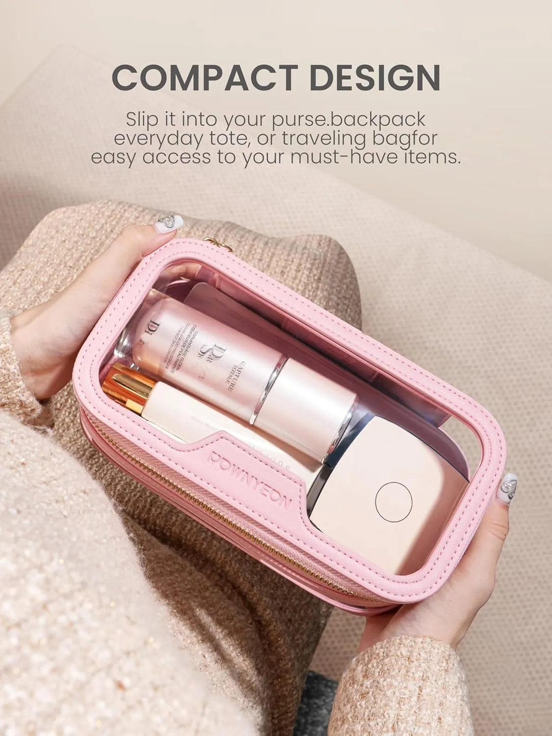 ROWNYEON Waterproof Toiletry Organizer Train Case, CLear Travel Makeup Bag for Women，Transparent Cosmetic Bag，Portable Makeup Case Organizer (pink)
